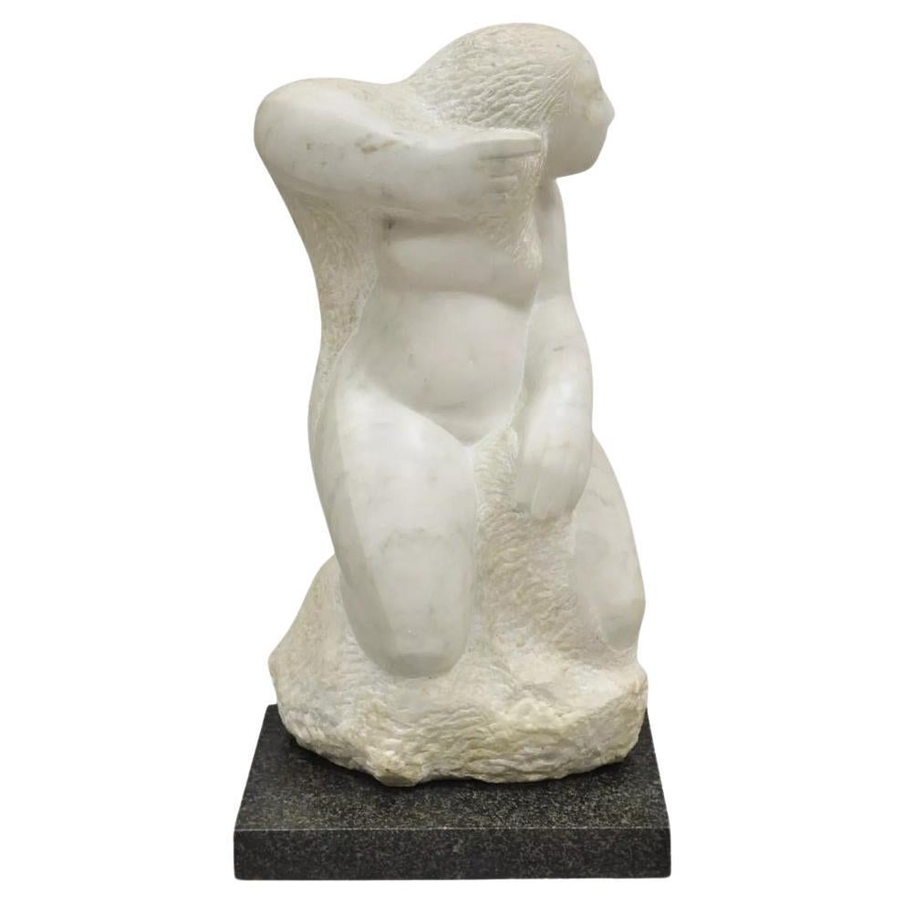 Lorrie Goulet Large Female Nude Carved Marble Abstract Sculpture on Marble Base