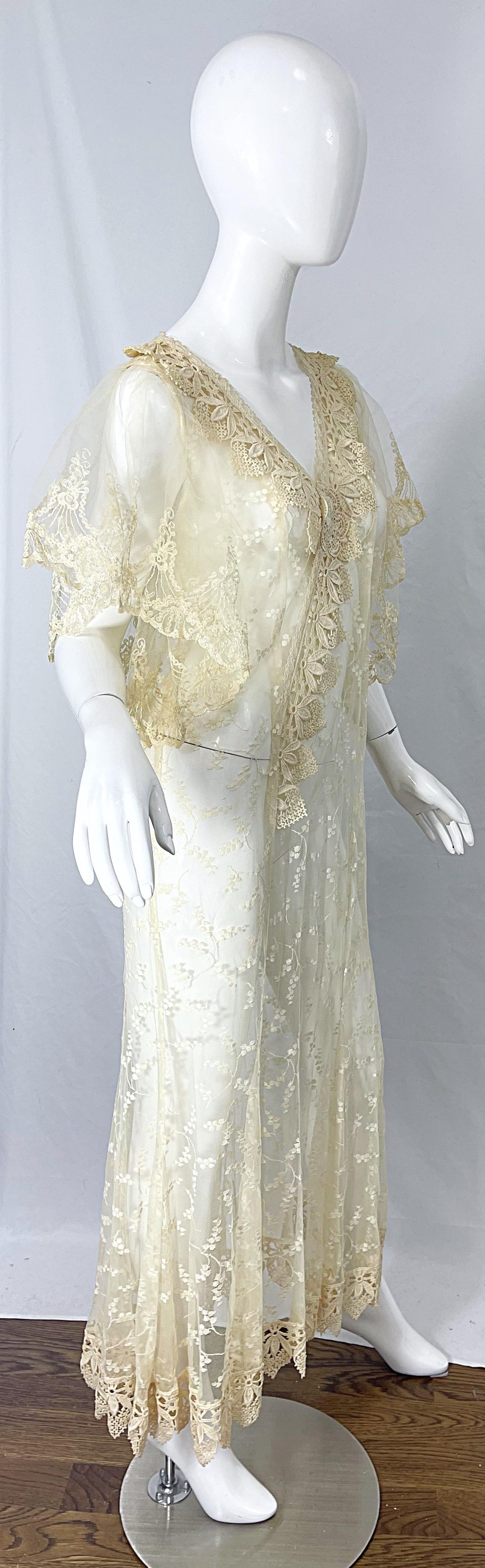 Lorrie Kabala 1980s Ivory Lace Sheer Size 8 Vintage 80s Caftan Maxi Dress For Sale 4