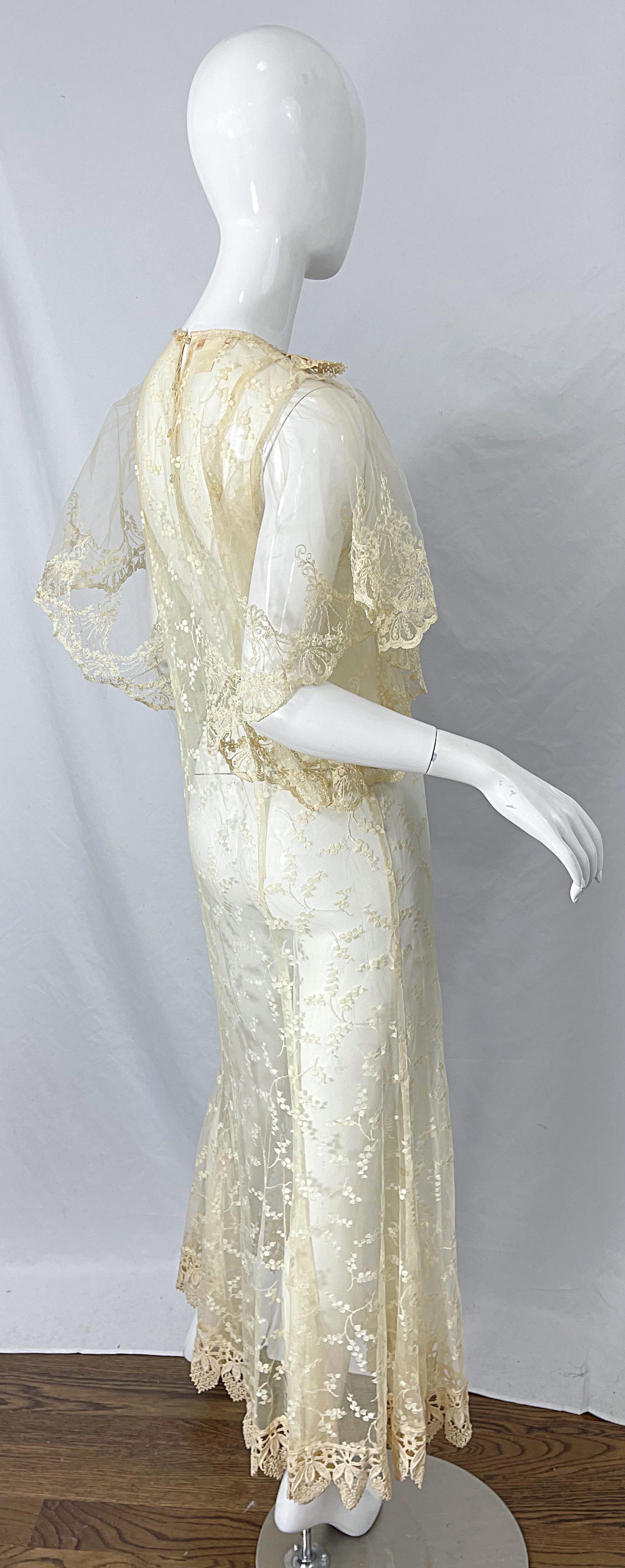 Lorrie Kabala 1980s Ivory Lace Sheer Size 8 Vintage 80s Caftan Maxi Dress For Sale 6