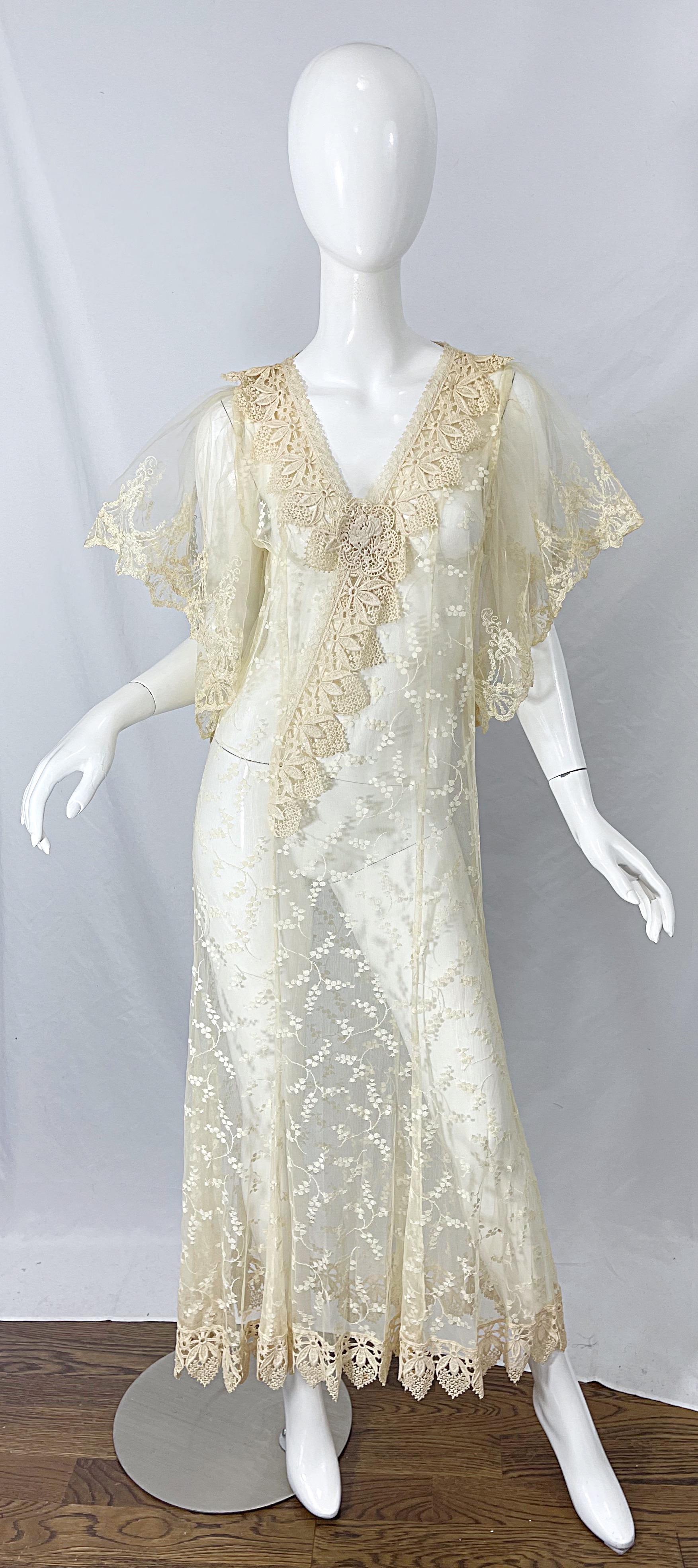 Lorrie Kabala 1980s Ivory Lace Sheer Size 8 Vintage 80s Caftan Maxi Dress For Sale 7