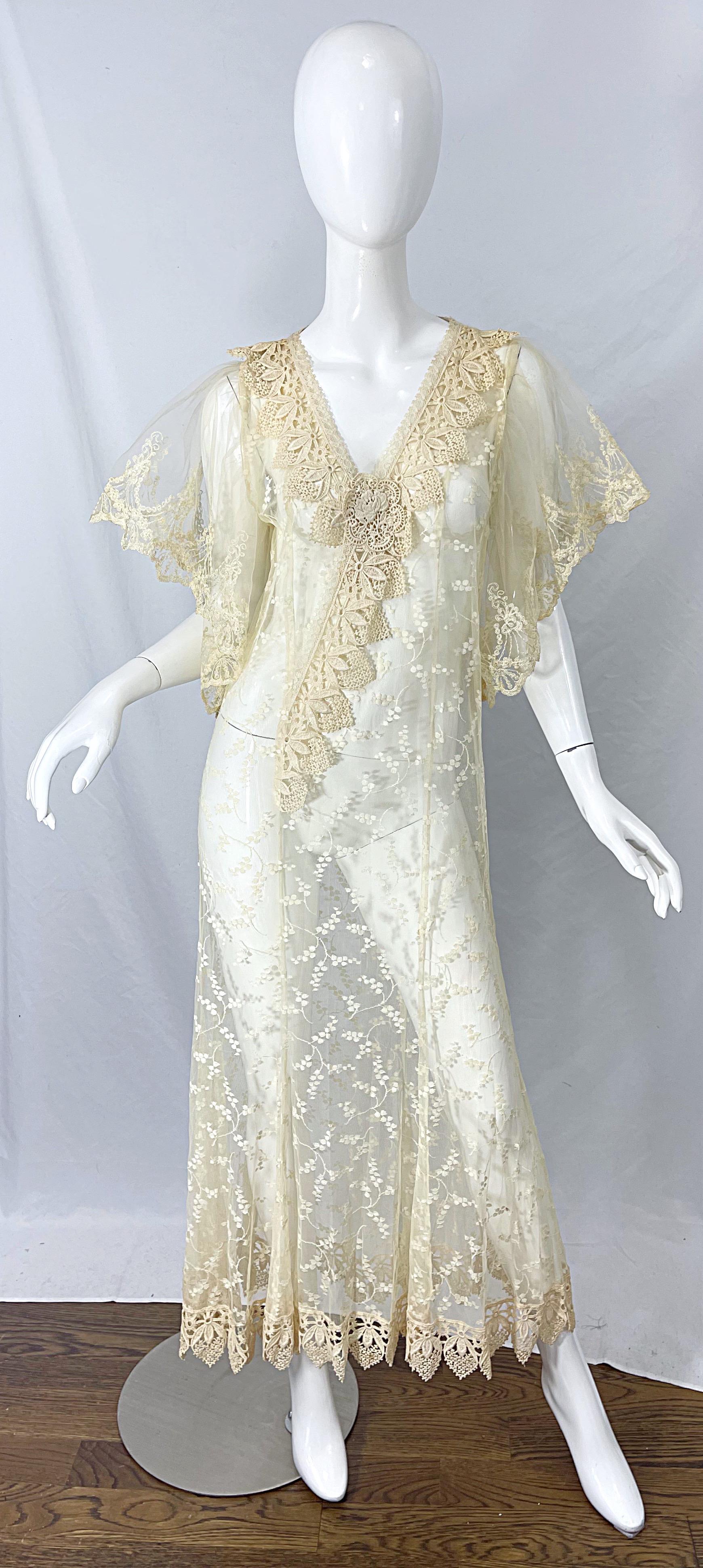 Avant Garde early 80s LORRIE KABALA ivory / off white sheer lace embroidered caftan maxi dress ! Features romantic vintage lace with embroidered lace trims. Buttons up the top back center neck. Super versatile piece. Can be worn with a slip for a