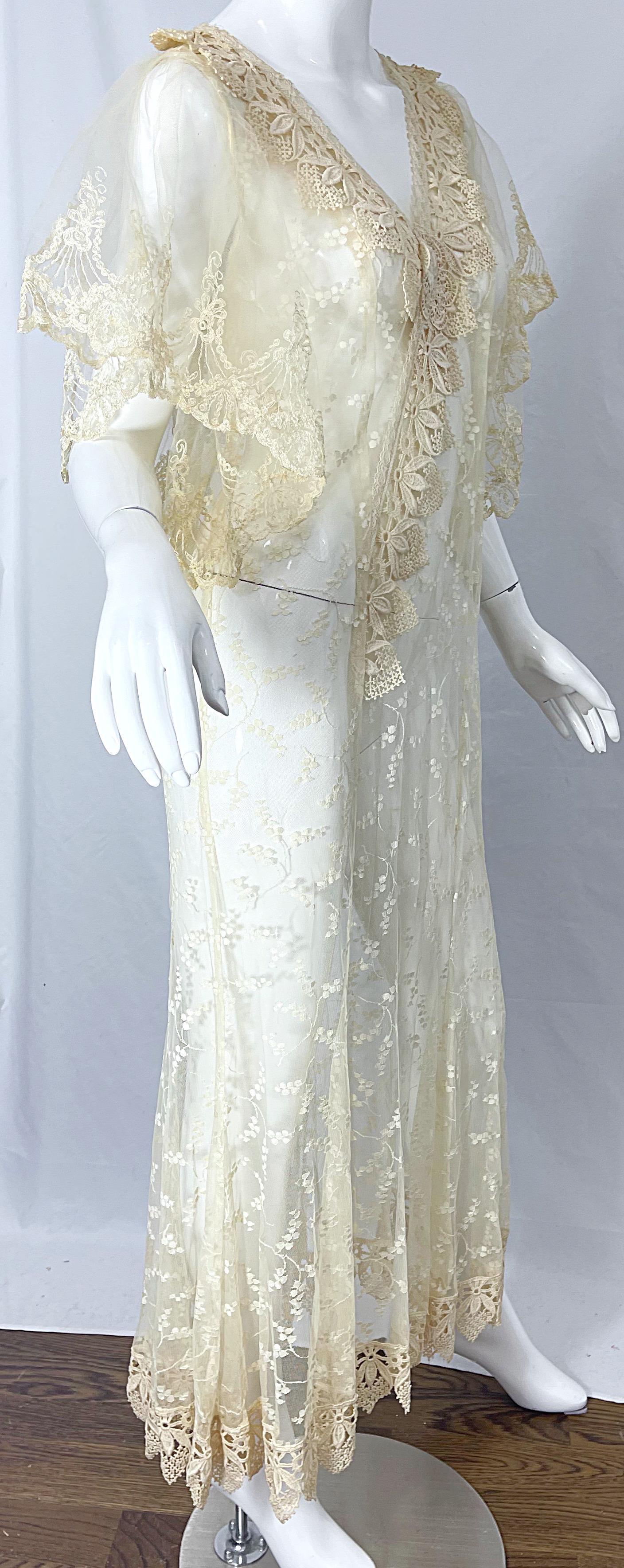 Lorrie Kabala 1980s Ivory Lace Sheer Size 8 Vintage 80s Caftan Maxi Dress For Sale 1