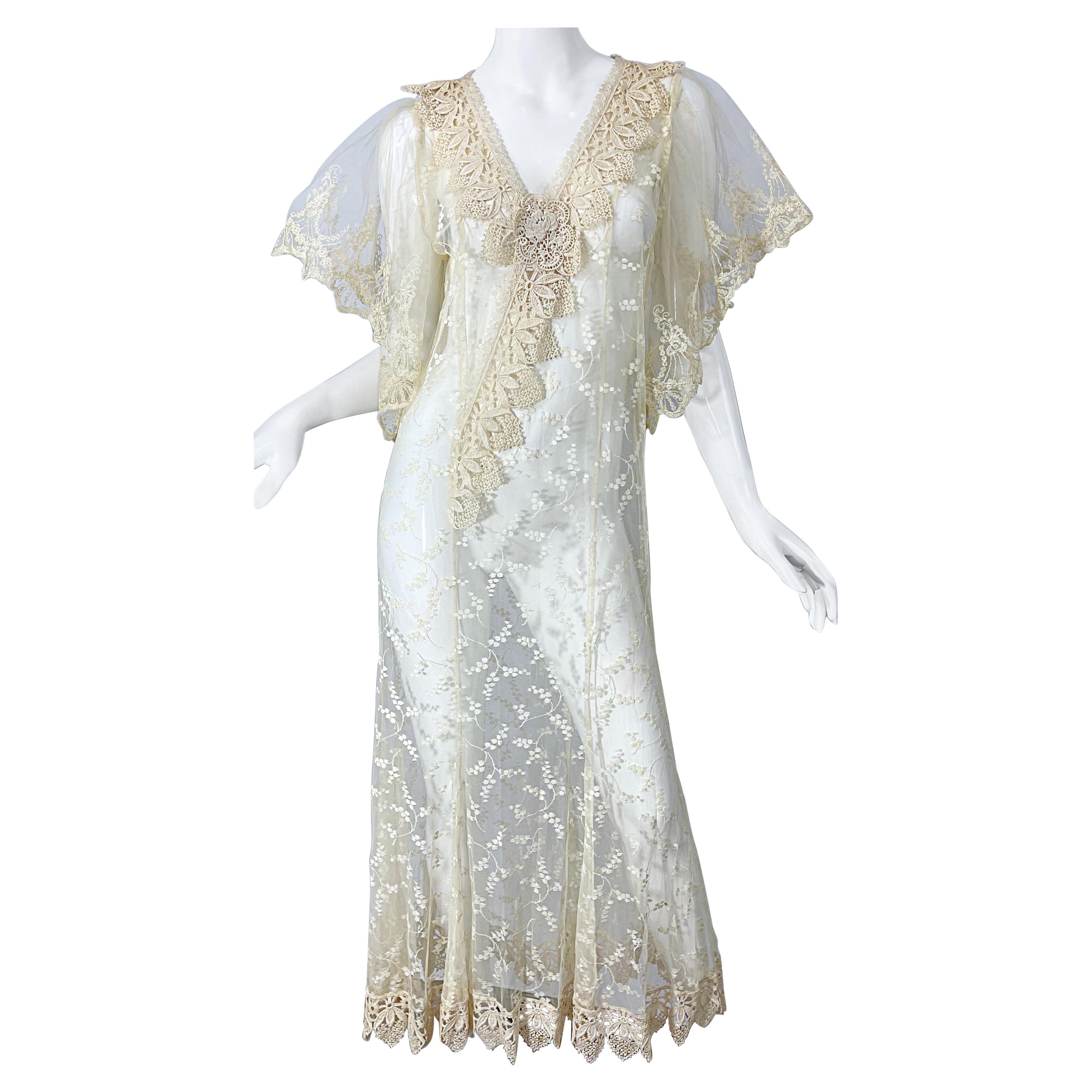 Lorrie Kabala 1980s Ivory Lace Sheer Size 8 Vintage 80s Caftan Maxi Dress For Sale
