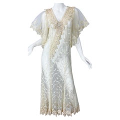 Lorrie Kabala 1980s Ivory Lace Sheer Size 8 Retro 80s Caftan Maxi Dress