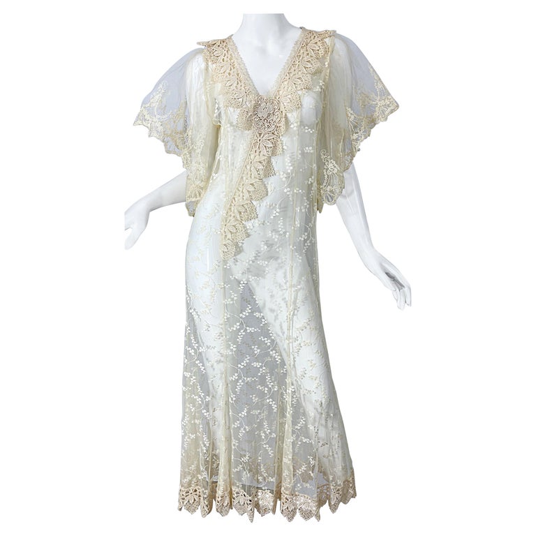 LORRIE KABALA Vintage 1980s wedding dress, white lace high neck sequins beads, removable sleeves & gloves