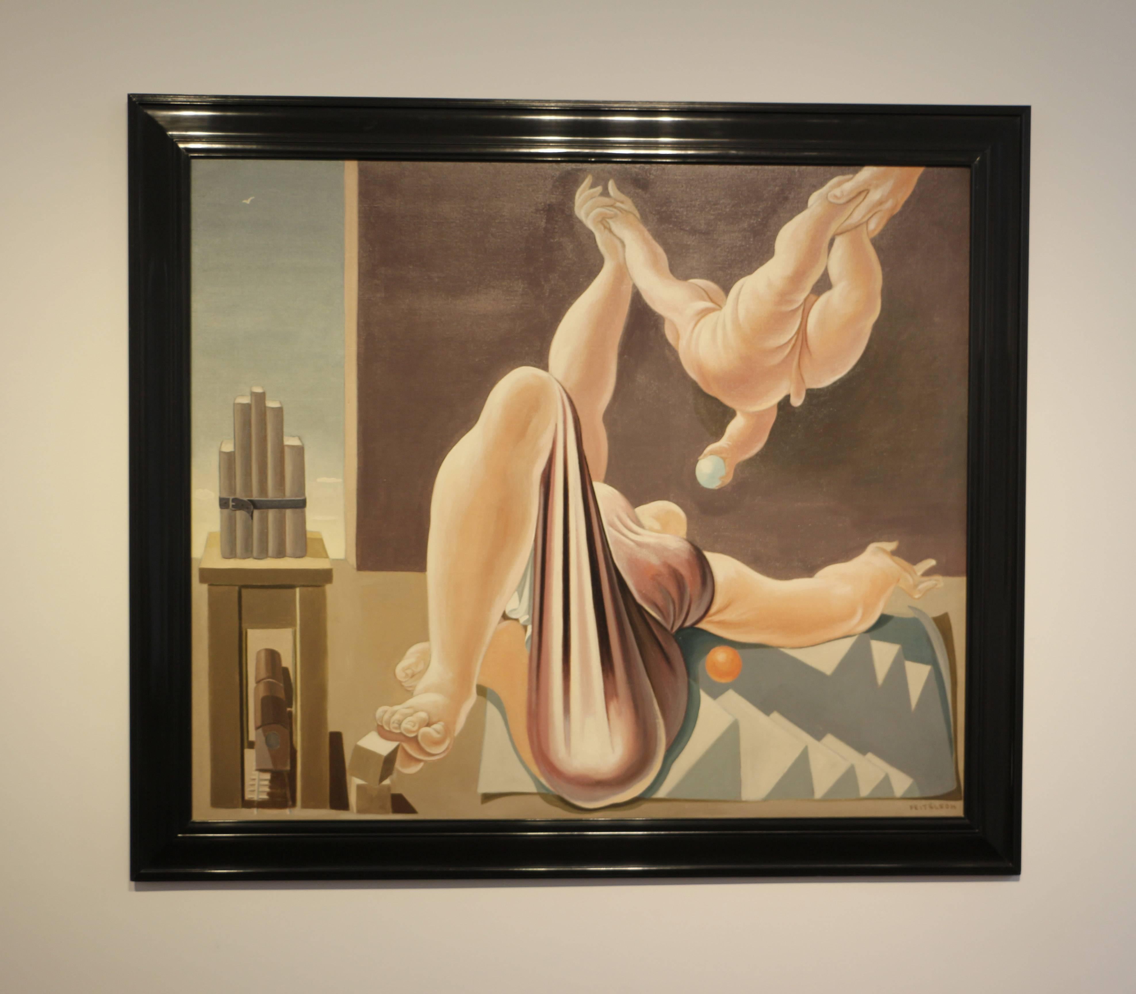 Flight over New York at Twilight, large oil painting of mother and child playing - Painting by Lorser Feitelson
