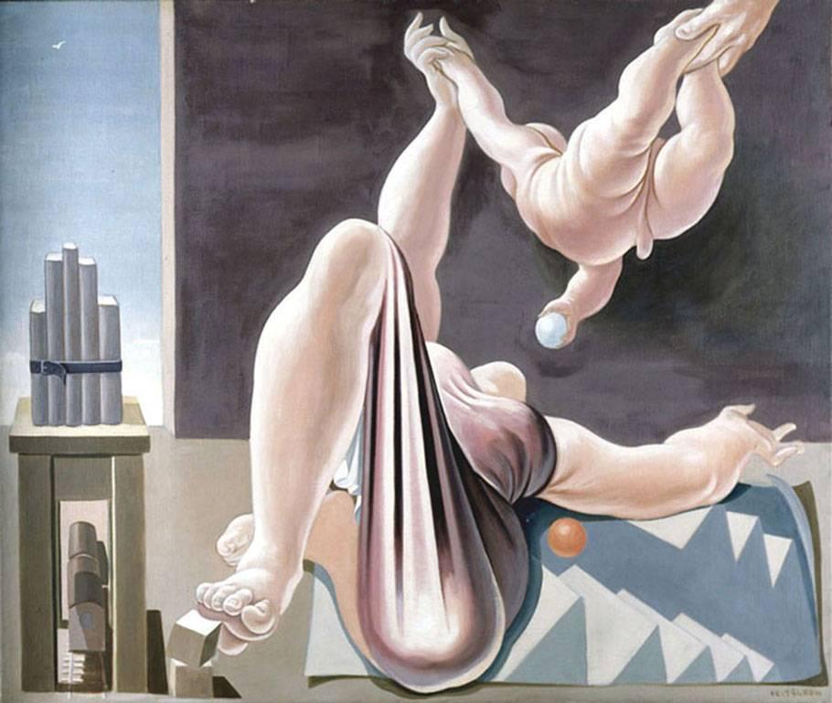 Lorser Feitelson Figurative Painting - Flight over New York at Twilight, large oil painting of mother and child playing
