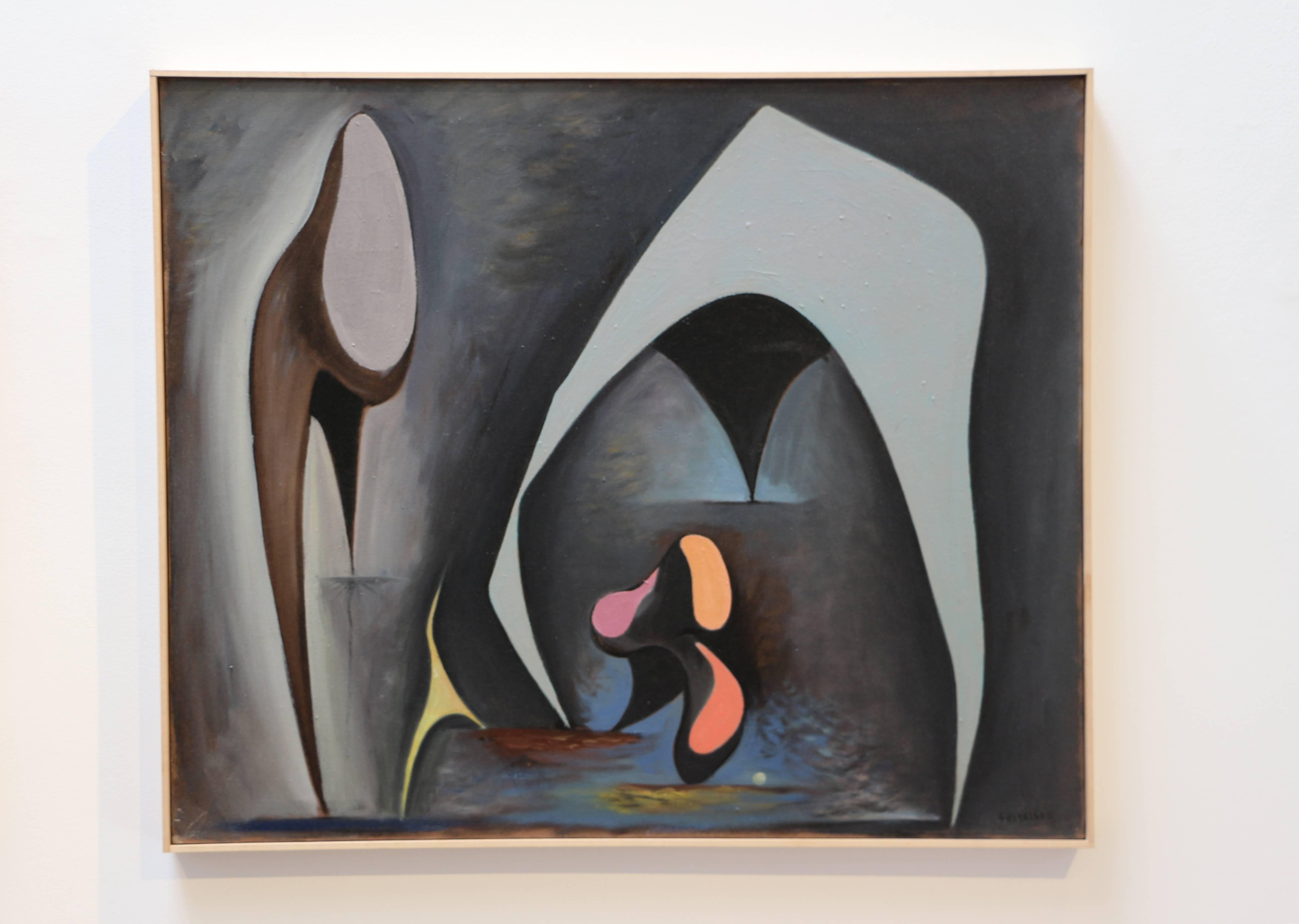 Magical Forms, abstract Post-Surreal oil painting of figures morphing to forms - Painting by Lorser Feitelson