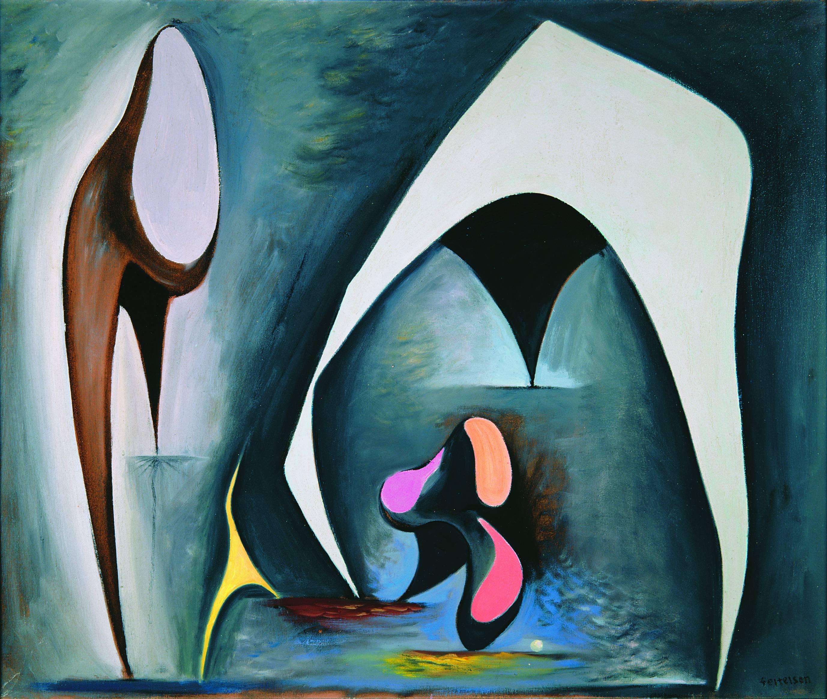 Lorser Feitelson Abstract Painting - Magical Forms, abstract Post-Surreal oil painting of figures morphing to forms