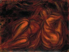 Deux figures, petite peinture à l'huile représentant deux personnages surréalistes