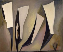 Untitled, Magical Forms, Post-Surrealist oil painting of dark linear forms