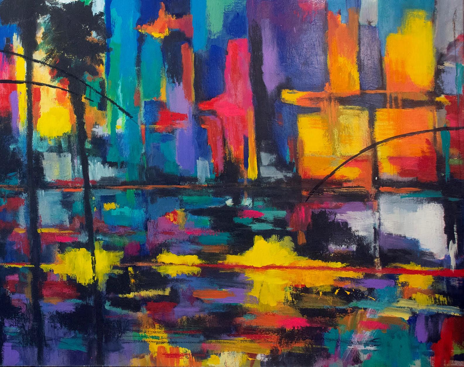 Moderne « Los Angeles Abstract Skyline », technique mixte sur toile de Shahen Zarookian en vente