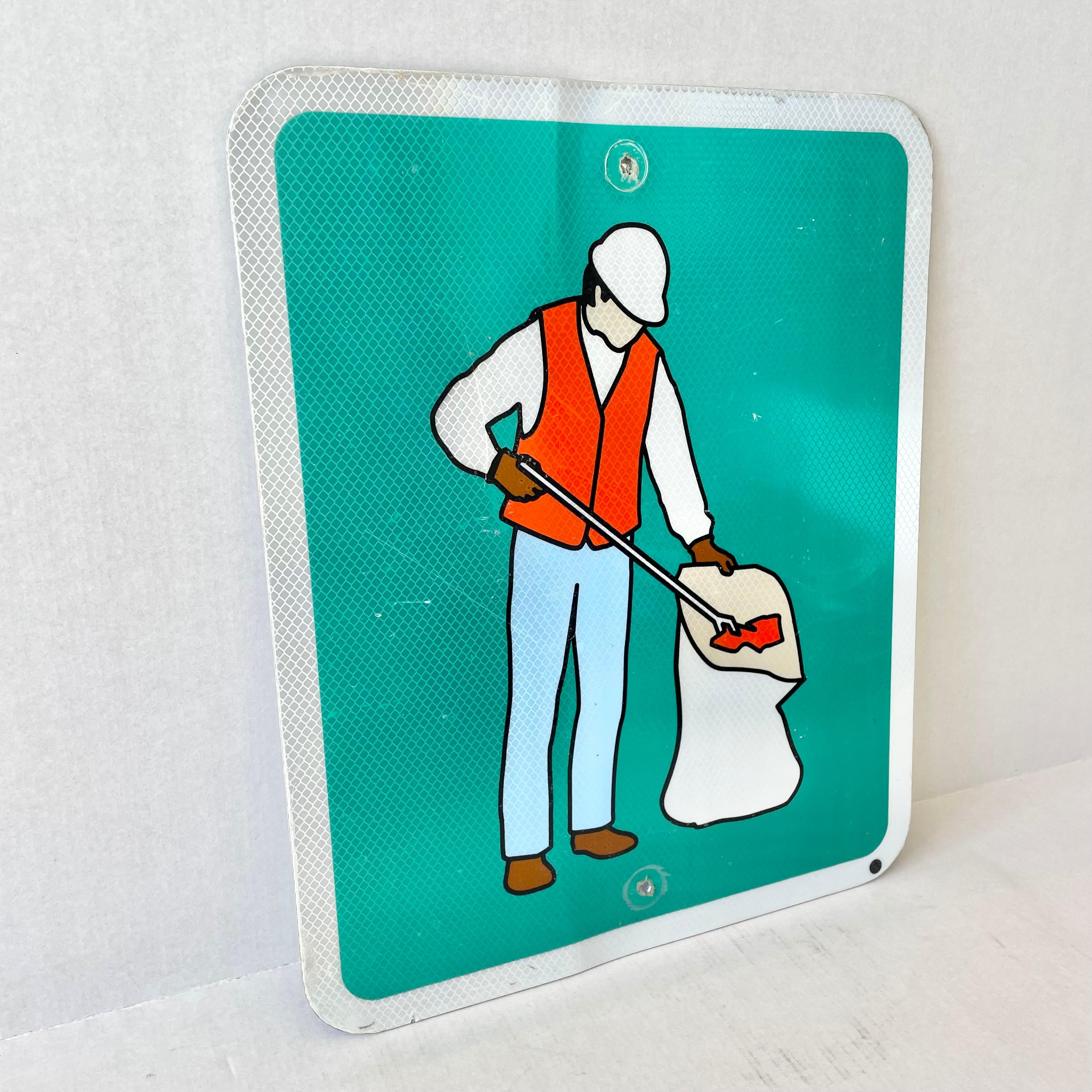 Los Angeles trash cleanup sign. Emerald green background with a man in work clothes picking up trash. Great coloring and patina. Cool vintage graphics. Slight bend in metal. Fun piece of transportation ephemera. Stamped 