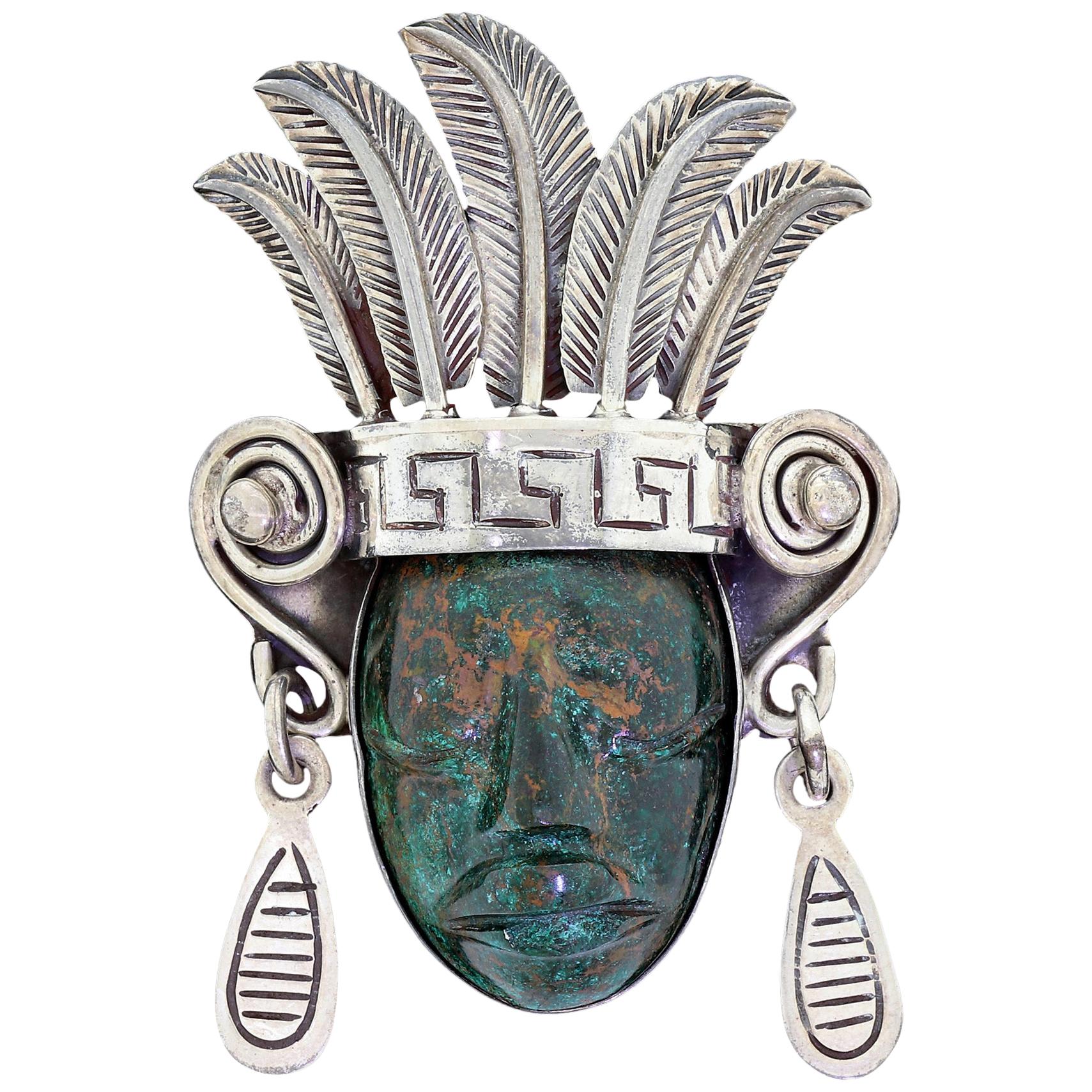 Los Ballesteros 925 Sterling Silver Taxco Mexico Mayan Face Figural Brooch Pin