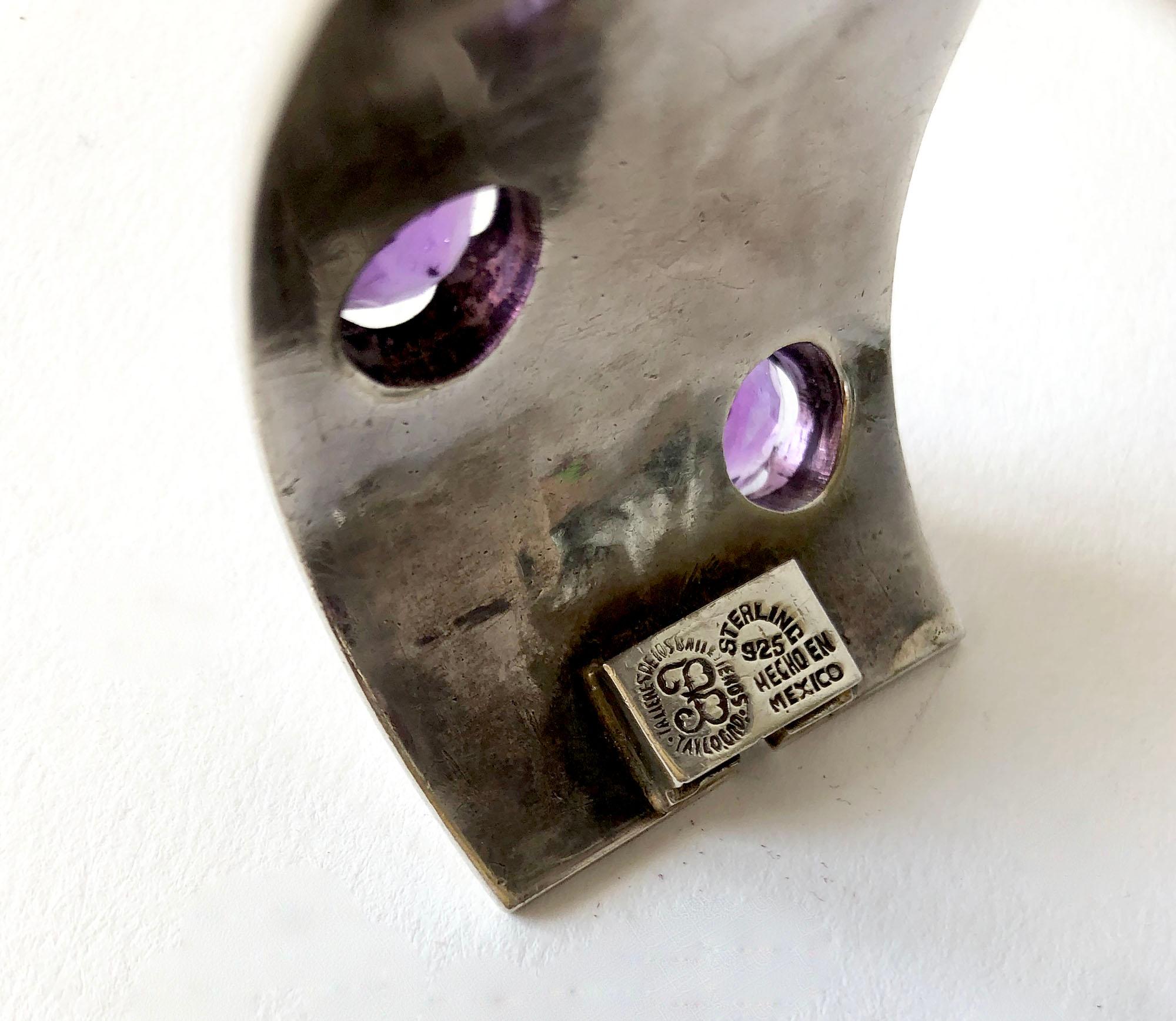 Uncut Los Ballesteros Sterling Silver Amethyst Mexican Modernist Star Cuff Bracelet