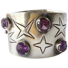 Vintage Los Ballesteros Sterling Silver Amethyst Mexican Modernist Star Cuff Bracelet