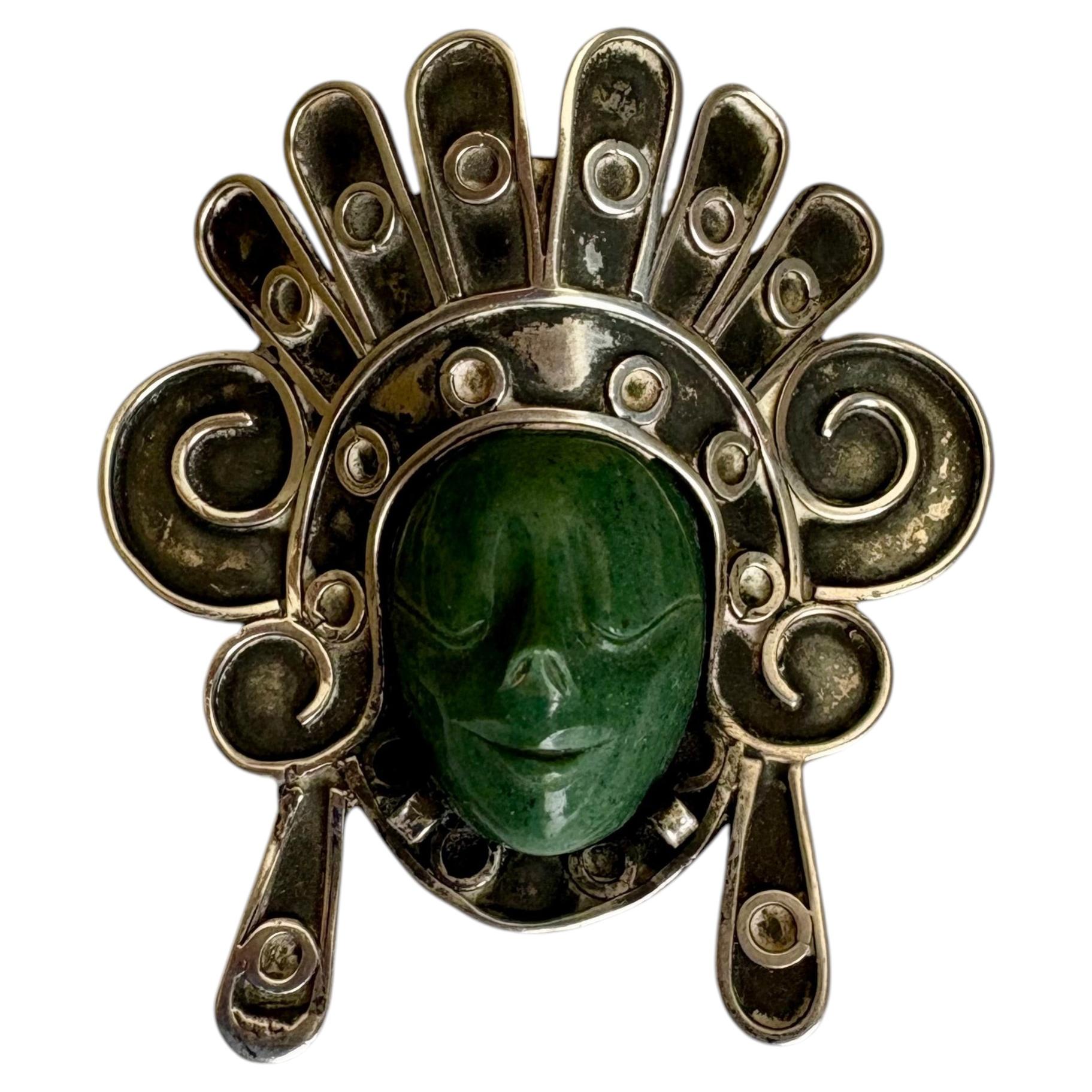 Los Ballesteros sterling silver pin/ brooch / pendant stone Mayan face Taxco .