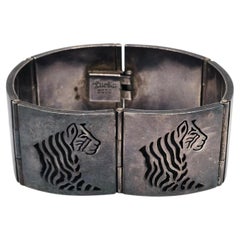 Los Ballesteros Taxco Mexico Sterling Silver Tiger Cut-Out Panel Bracelet #25172