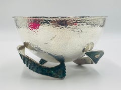 Los Castillo 1950s Silver Bowl with Malachite-Inlaid Fish Base, Taxco, Signed