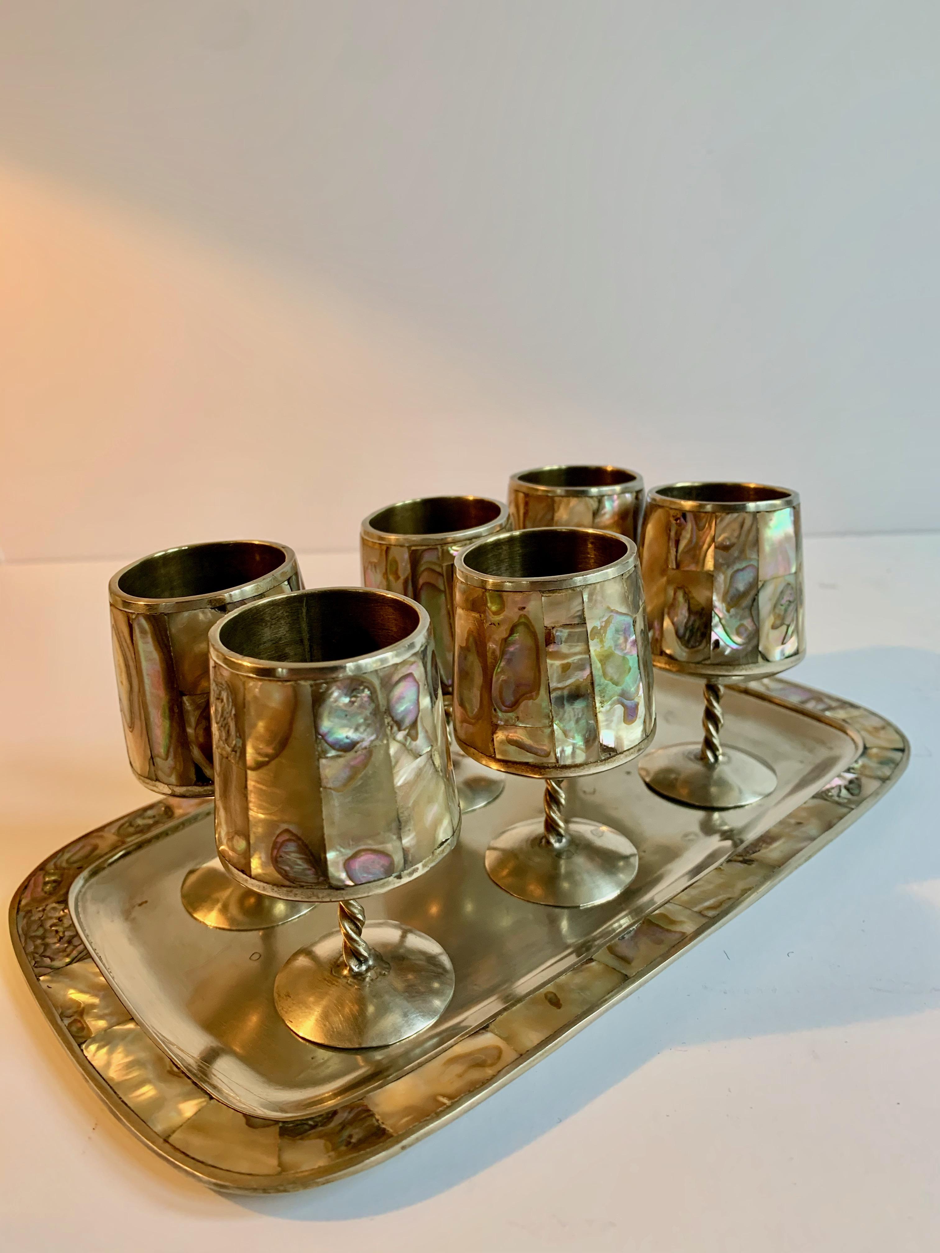 7 Piece Mexican Silver Abalone Cordial Set 4
