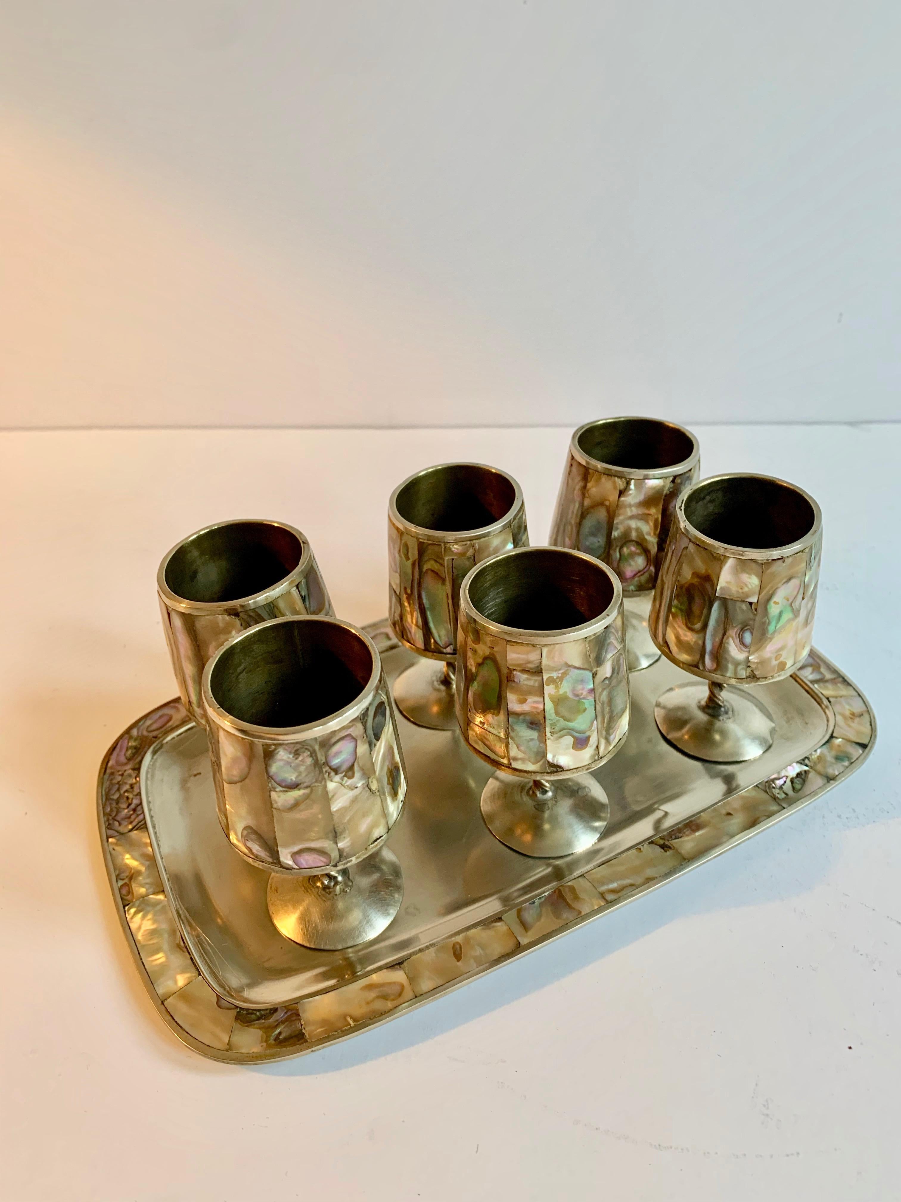 Silvered 7 Piece Mexican Silver Abalone Cordial Set