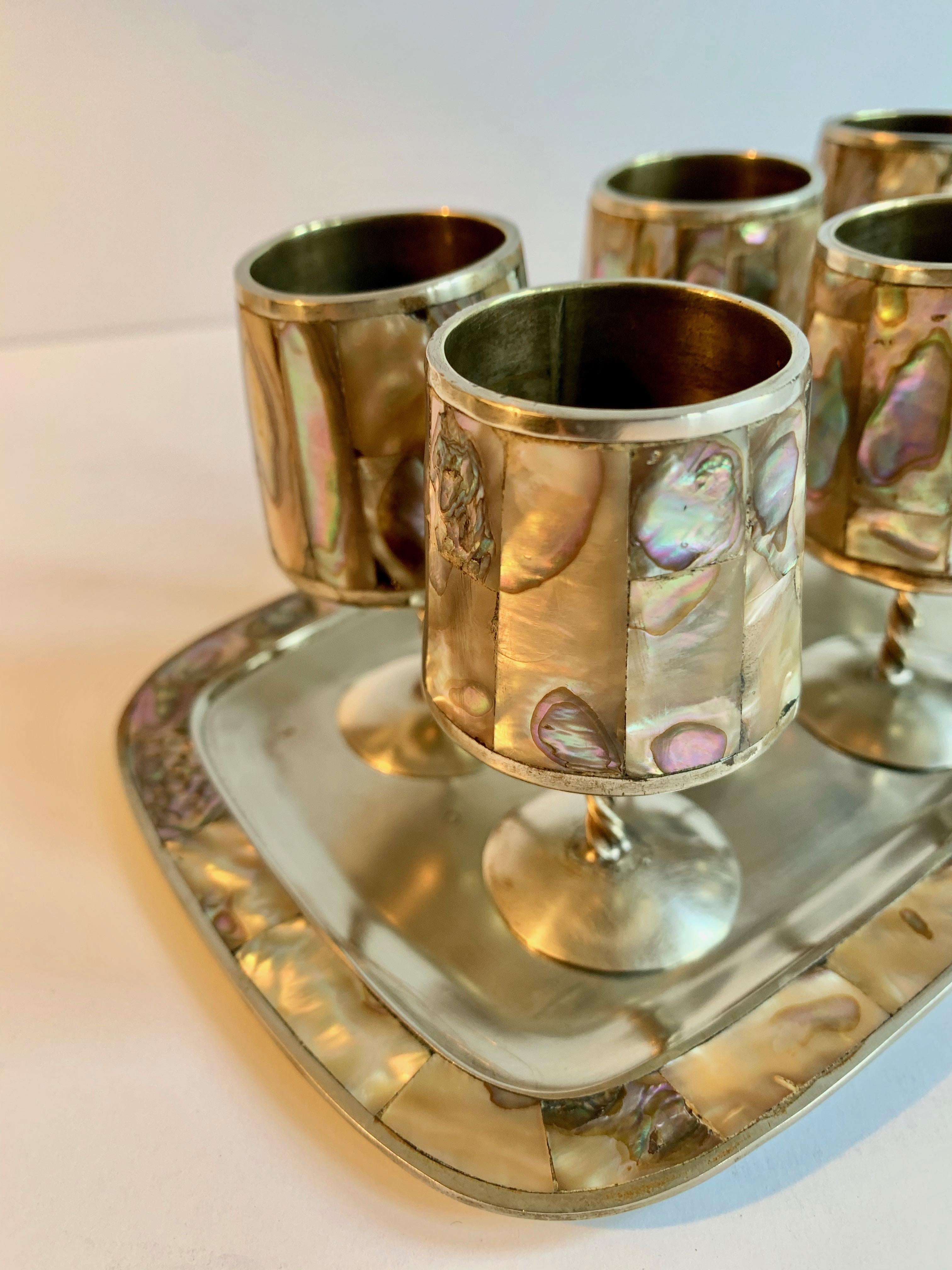 7 Piece Mexican Silver Abalone Cordial Set In Good Condition In Los Angeles, CA