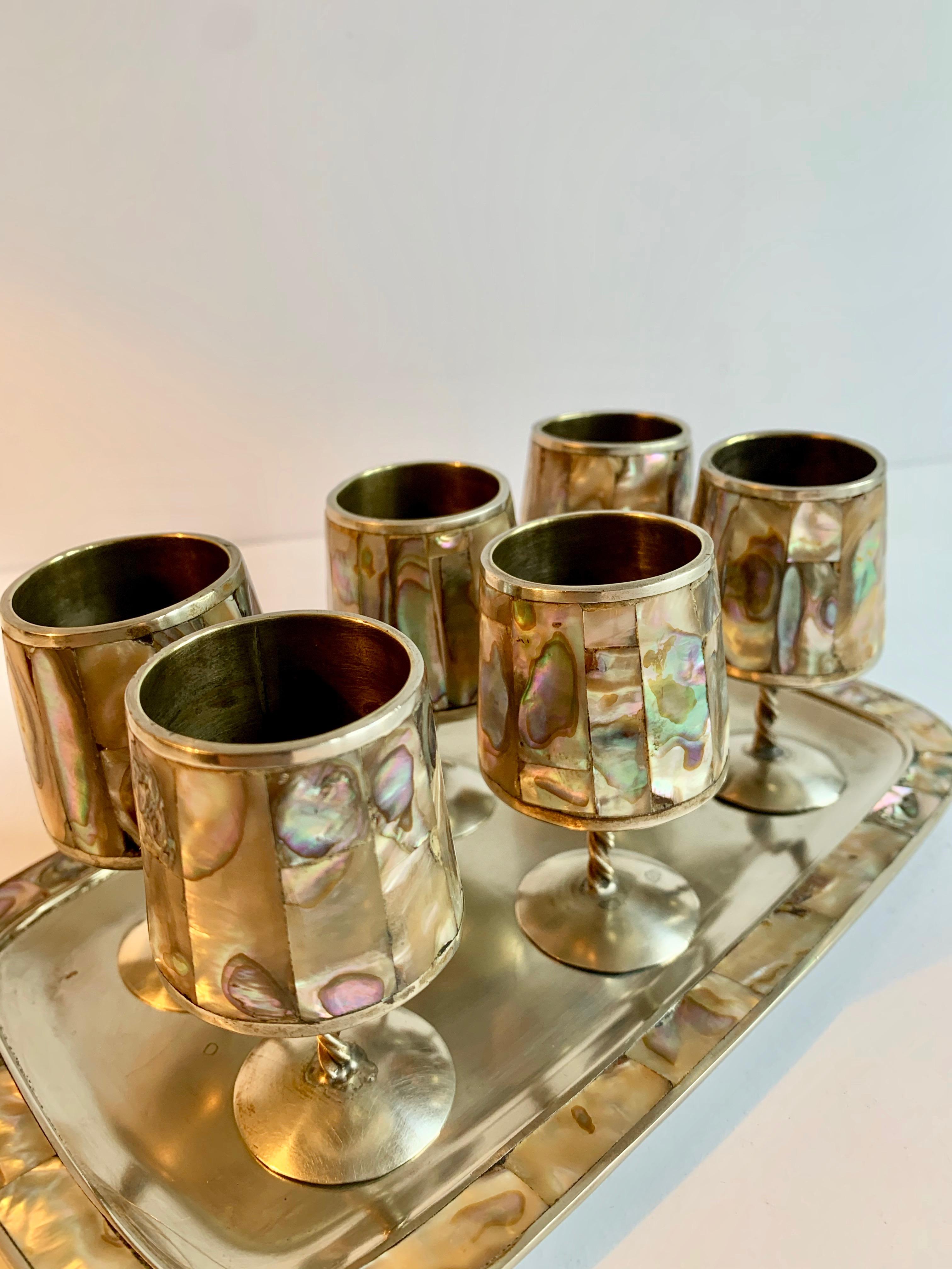 20th Century 7 Piece Mexican Silver Abalone Cordial Set