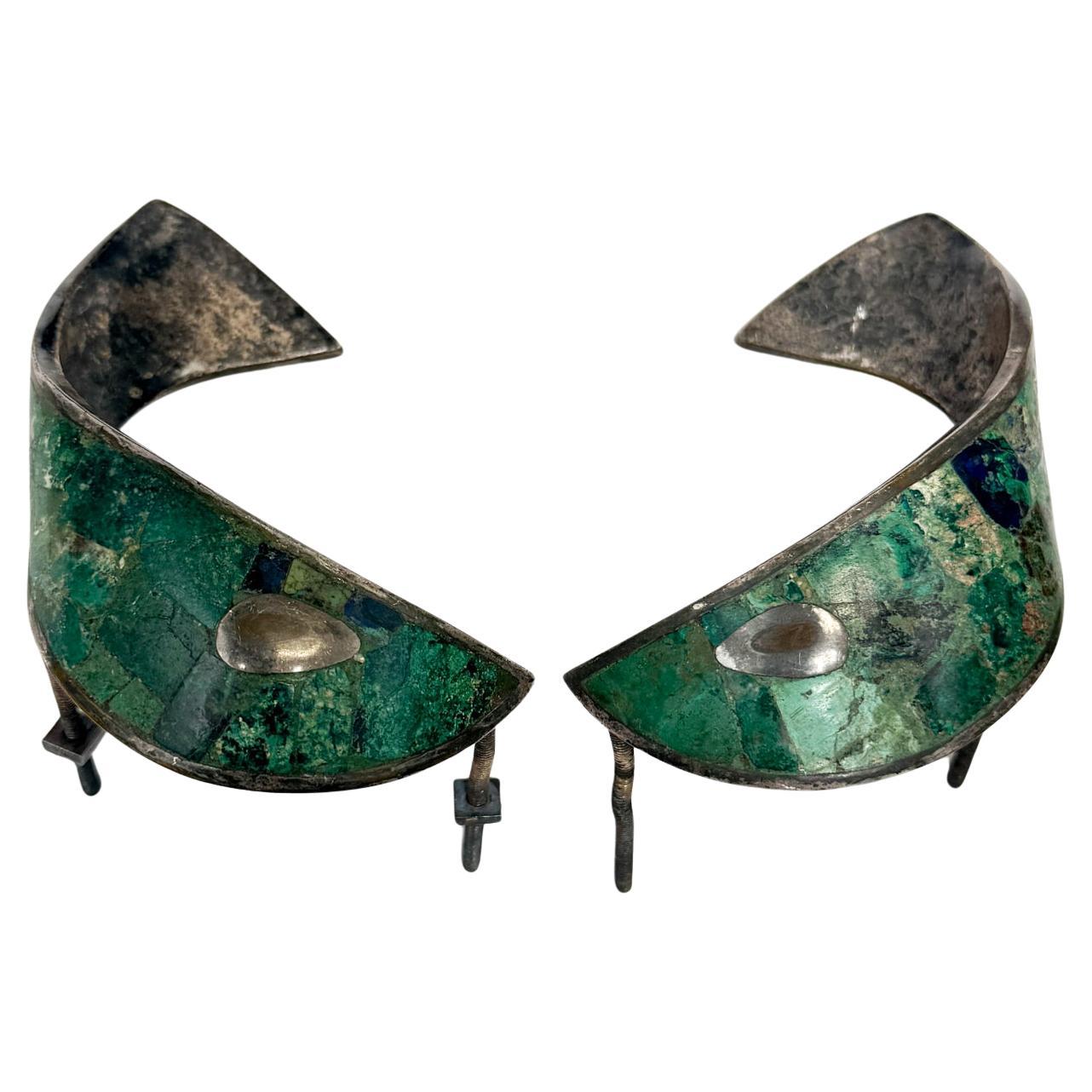 Los Castillo Abstract Fish- Pull Handles Malachite Sterling Mexican Modernist For Sale