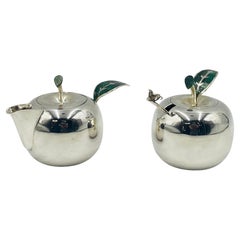 Los Castillo Apple-Shaped Silver Plate Creamer, Sugar Bowl & Matching Ladle
