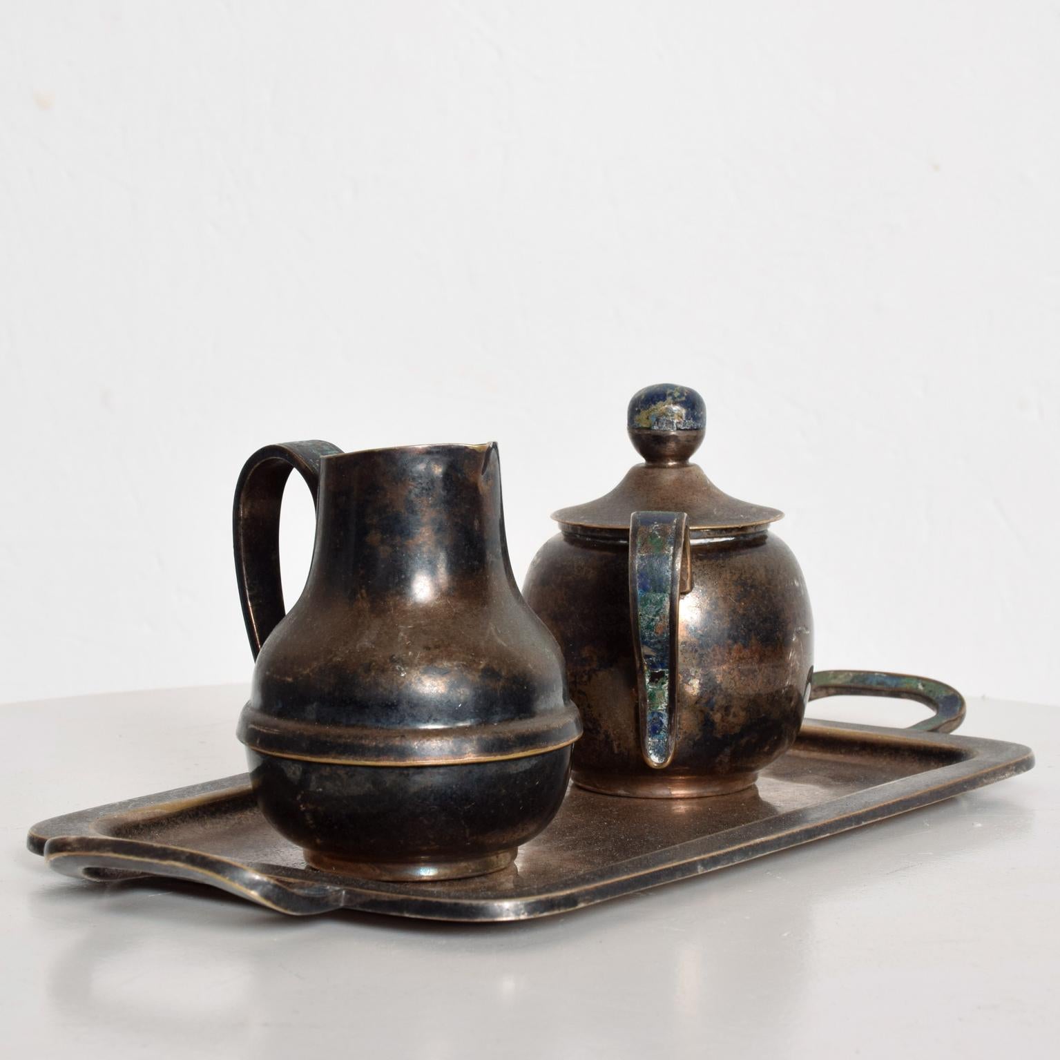 Mid-Century Modern Los Castillo Coffee Tea Serving Set Silverplate and Malachite Azurite Stone