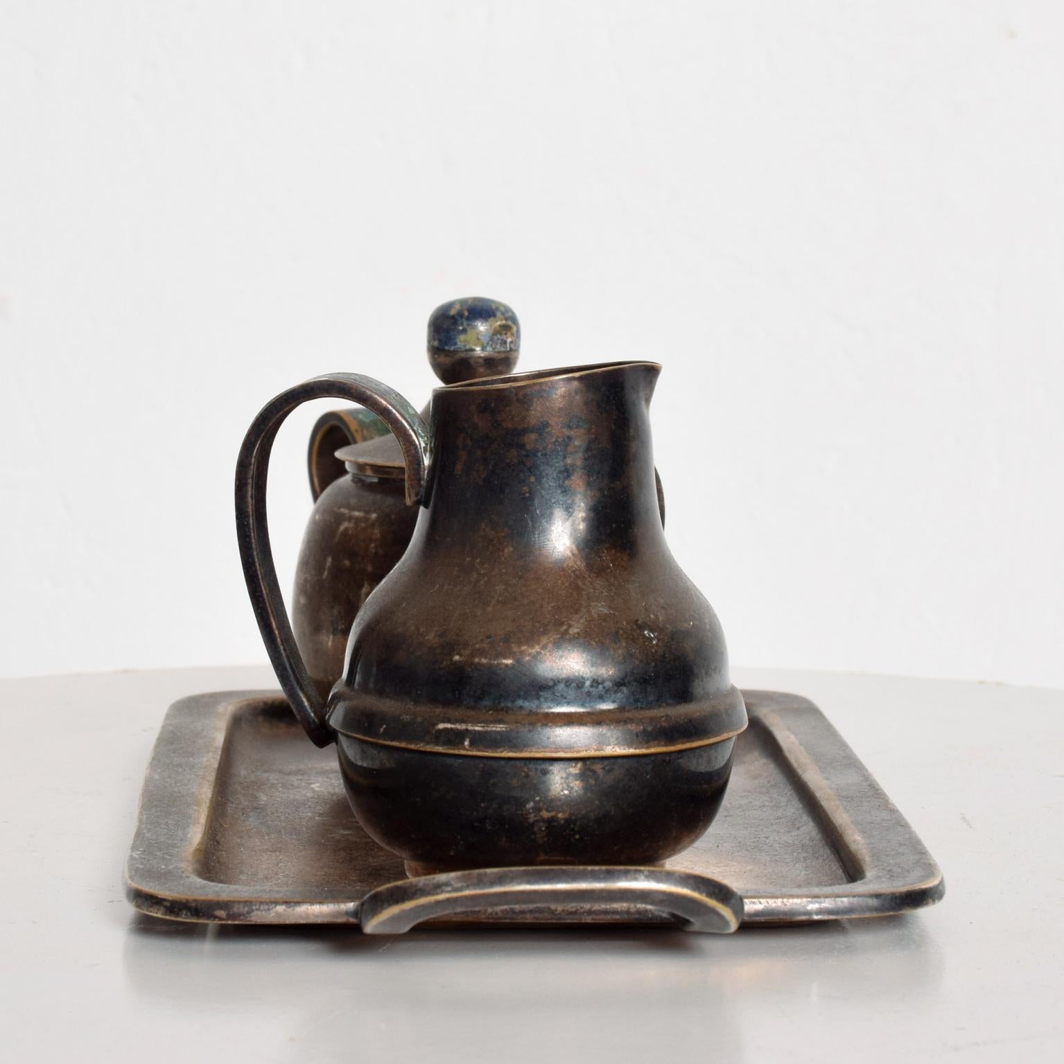 Mexican Los Castillo Coffee Tea Serving Set Silverplate and Malachite Azurite Stone