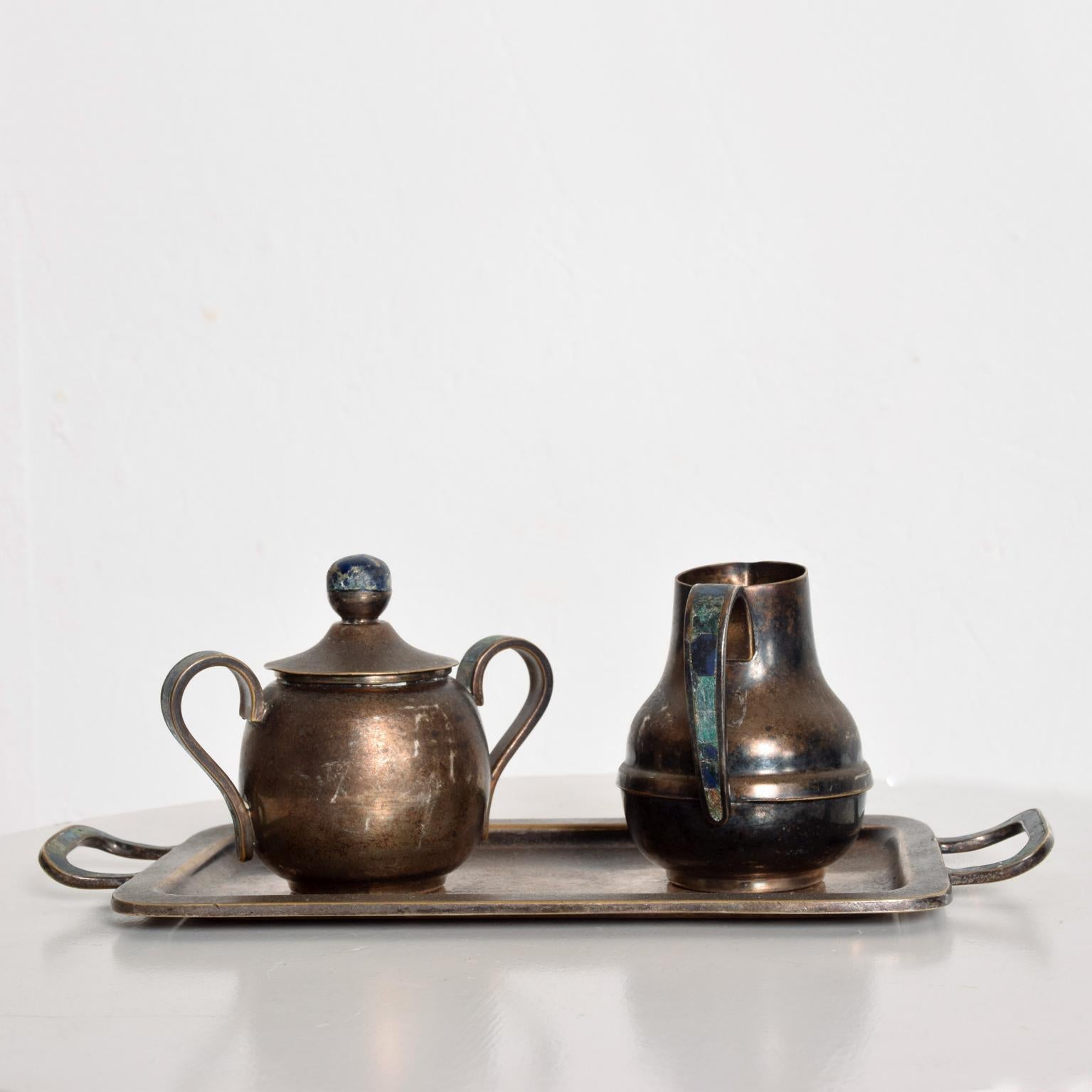 Late 20th Century Los Castillo Coffee Tea Serving Set Silverplate and Malachite Azurite Stone
