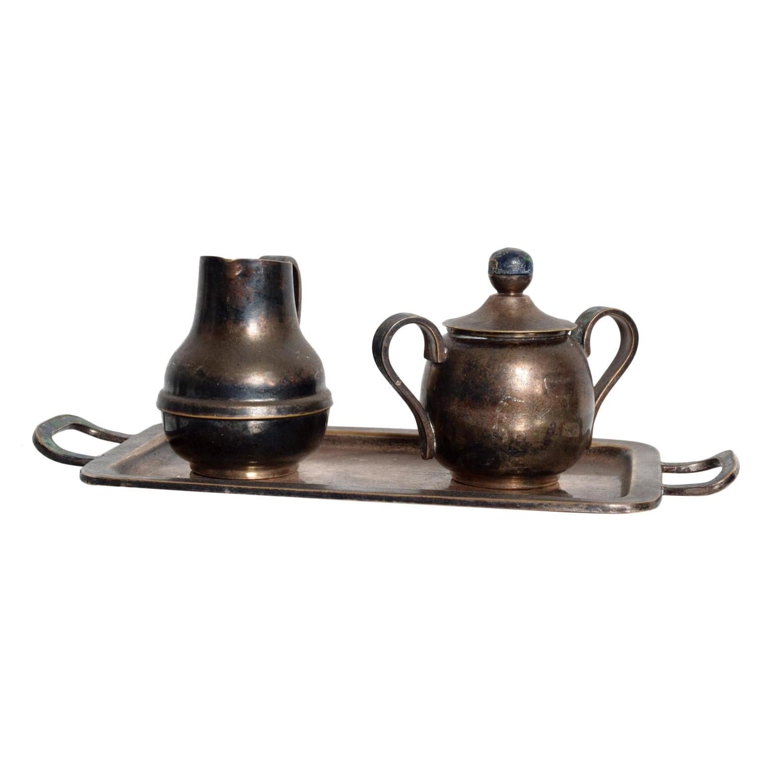 Los Castillo Coffee Tea Serving Set Silverplate and Malachite Azurite Stone