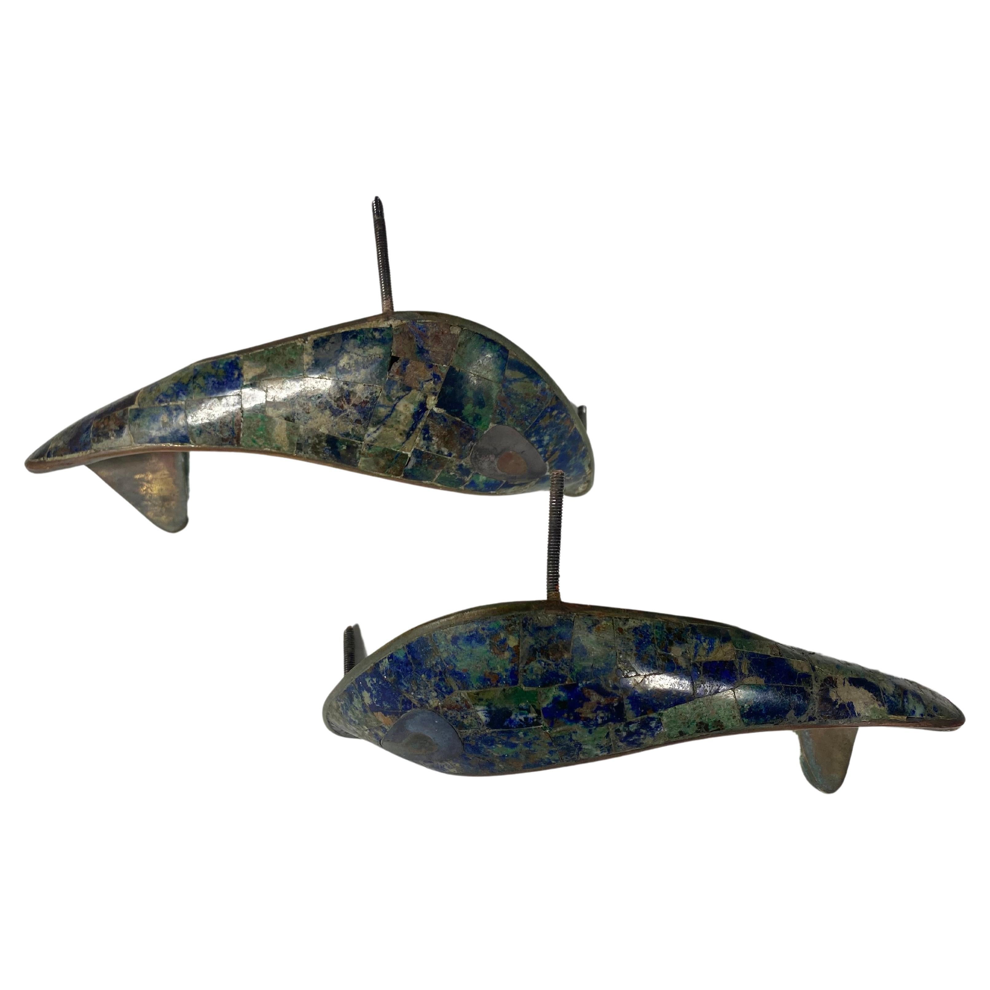 Los Castillo Lapis Lazuli , Malachite, bronze Inlay Silver Plate Fish Door Pulls For Sale