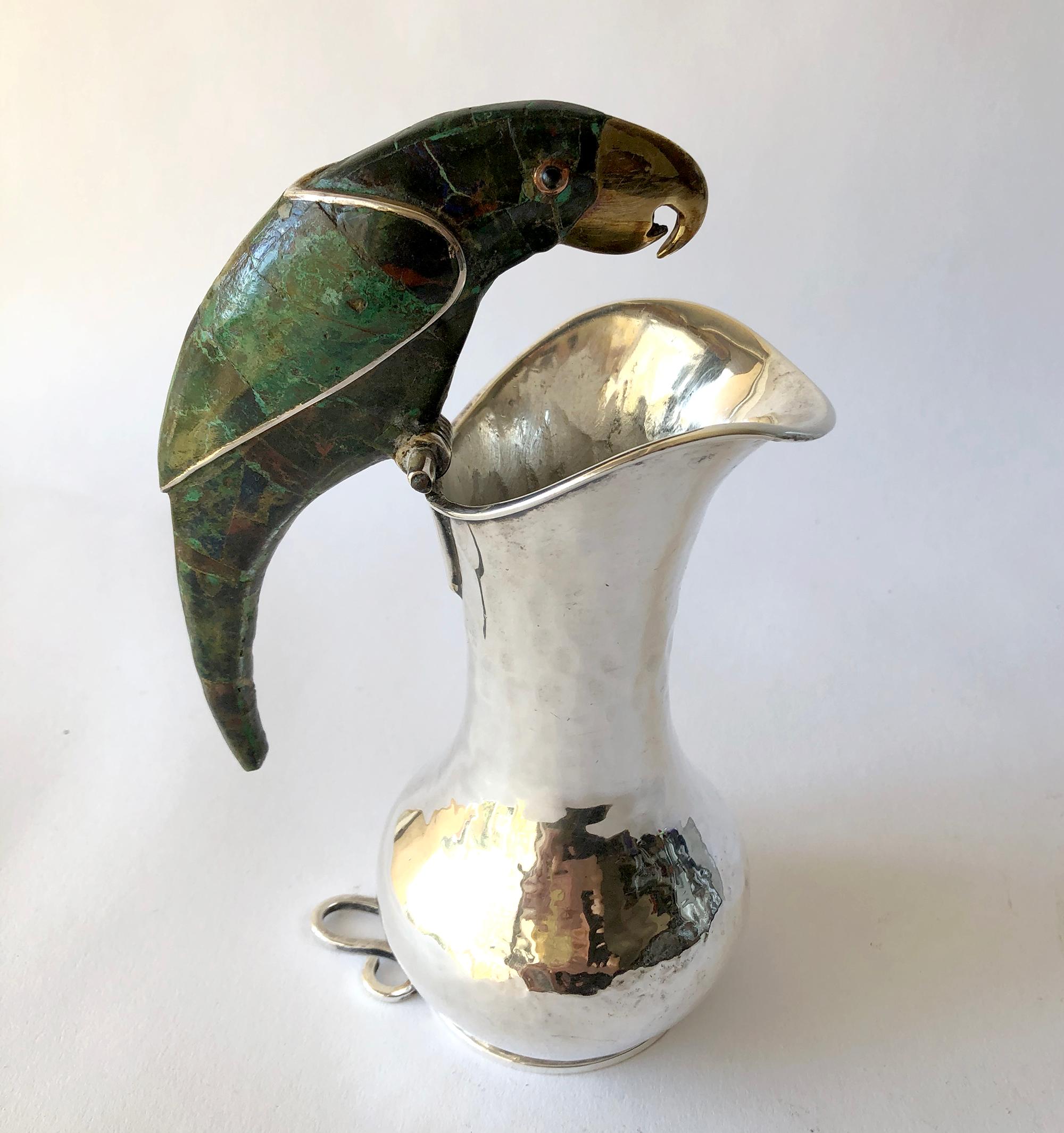 Mid-Century Modern Los Castillo Mexican Hammered Silver Plate Azurite Malachite Parrot Pitcher
