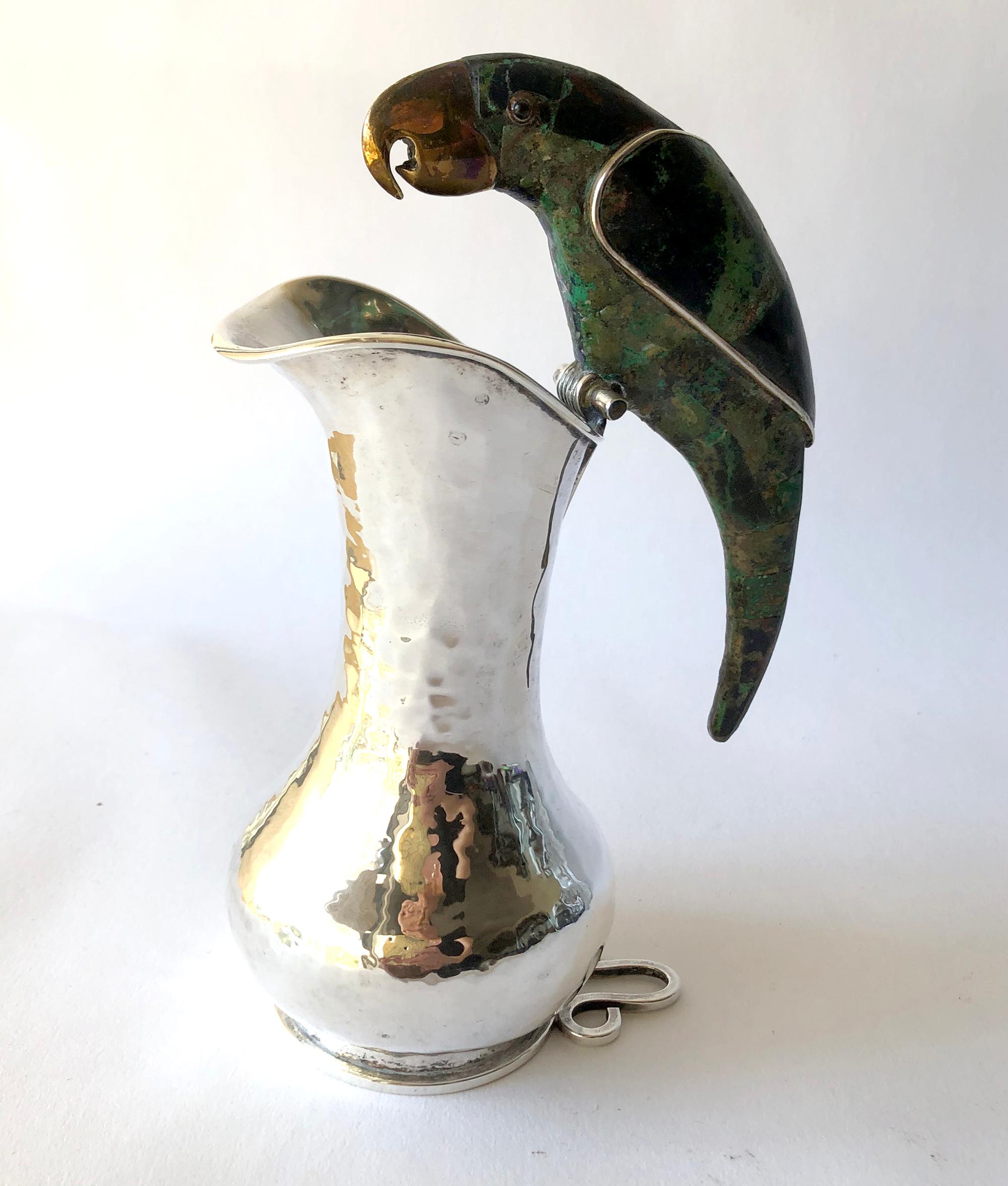 Los Castillo Mexican Hammered Silver Plate Azurite Malachite Parrot Pitcher In Good Condition In Palm Springs, CA