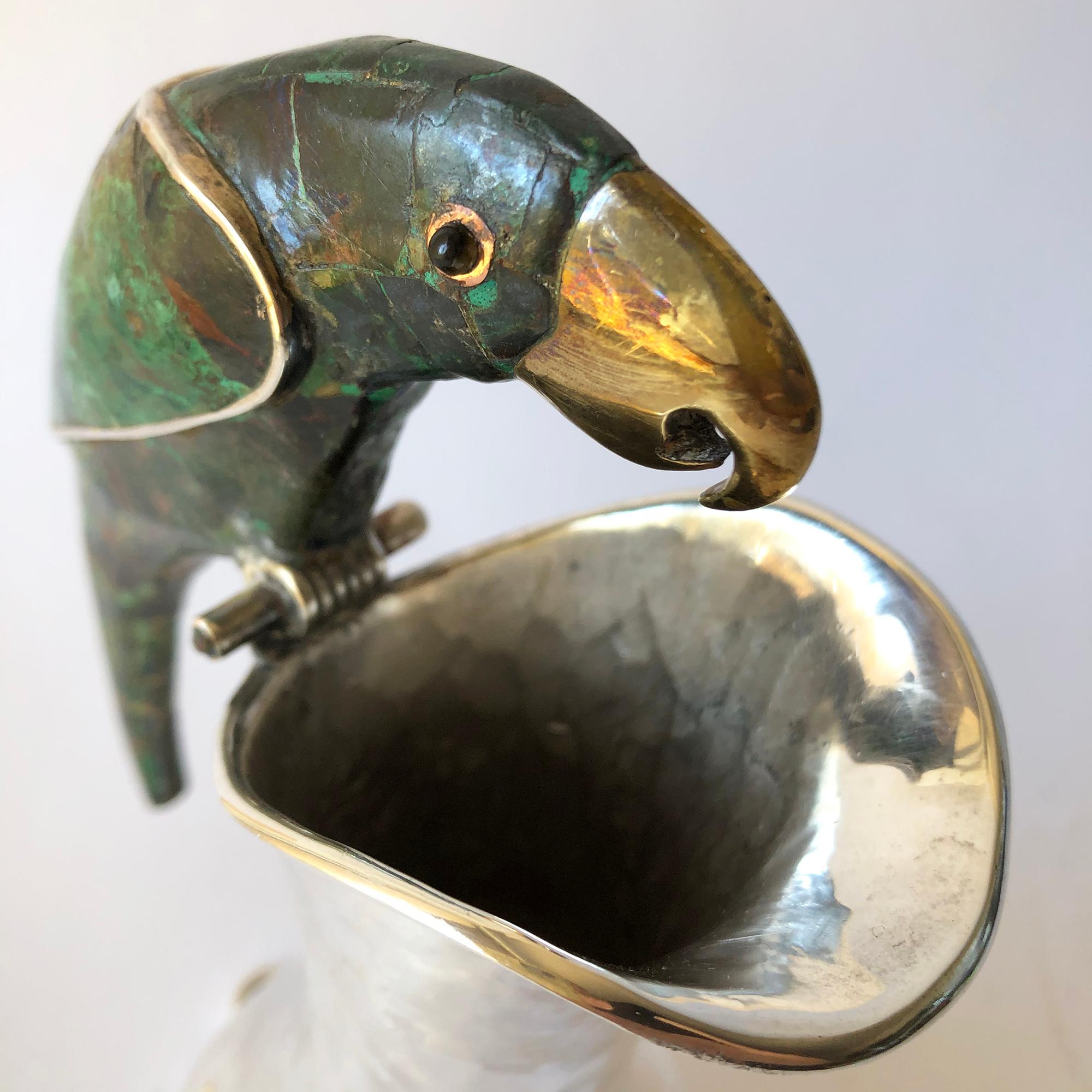 Mid-20th Century Los Castillo Mexican Hammered Silver Plate Azurite Malachite Parrot Pitcher