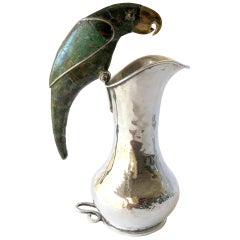 Los Castillo Mexican Hammered Silver Plate Azurite Malachite Parrot Pitcher