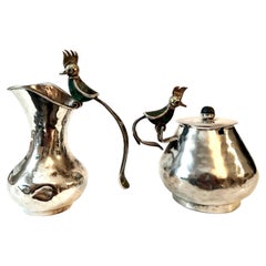 Zuccheriera e lattiera in argento e pietre preziose messicane di Los Castillo