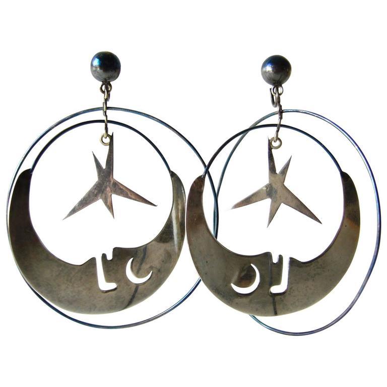 Modernist Los Castillo Mexican Sterling Silver Moon And Stars Mobile Earrings