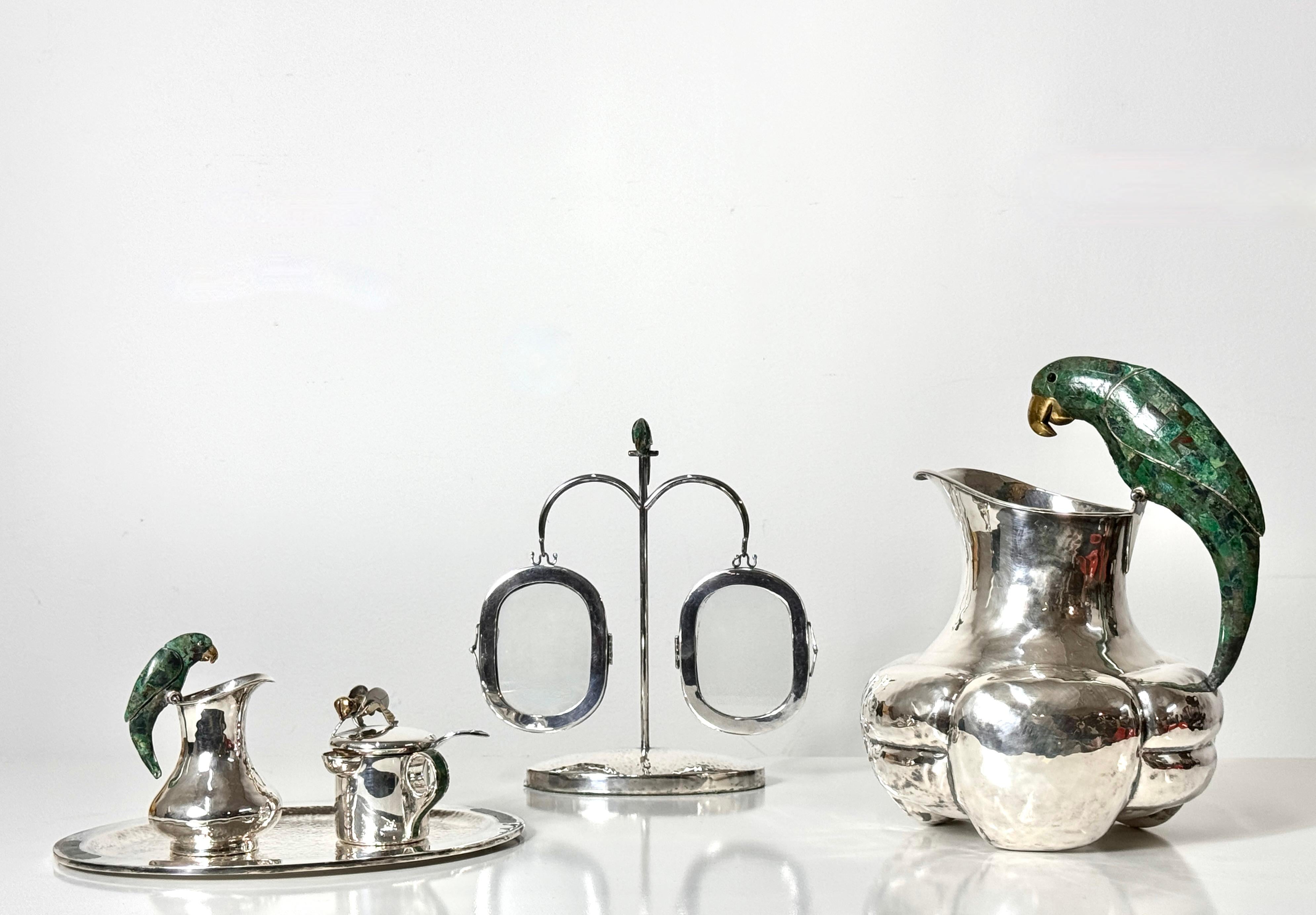 Los Castillo Mexico Silver Plate Parrot Creamer and Sugar Set with Serving Tray 4