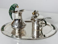 Los Castillo Mexico Silver Plate Parrot Creamer and Sugar Set with Serving Tray