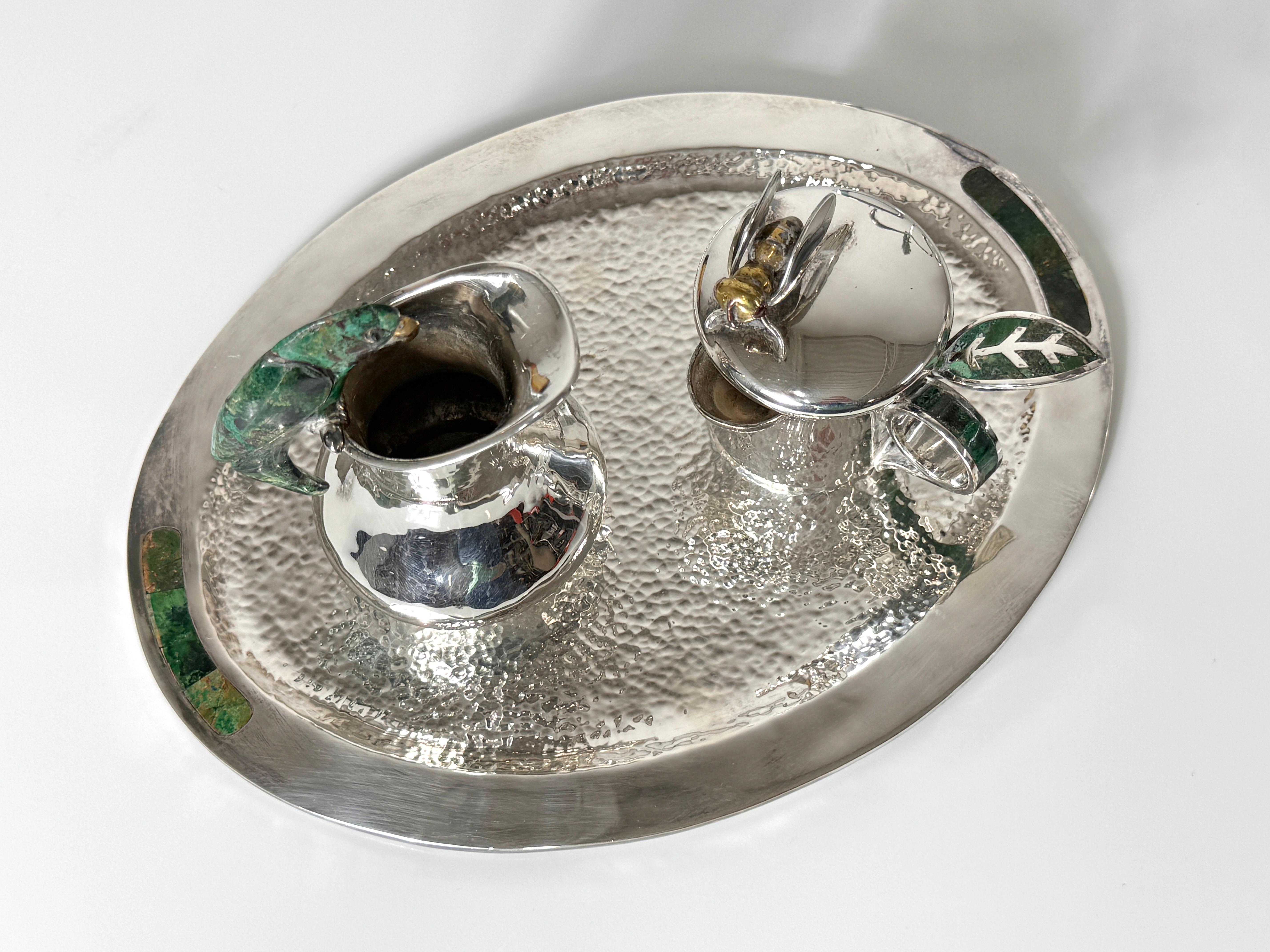 Mid-Century Modern Los Castillo Mexico Silver Plate Parrot Creamer and Sugar Set with Serving Tray