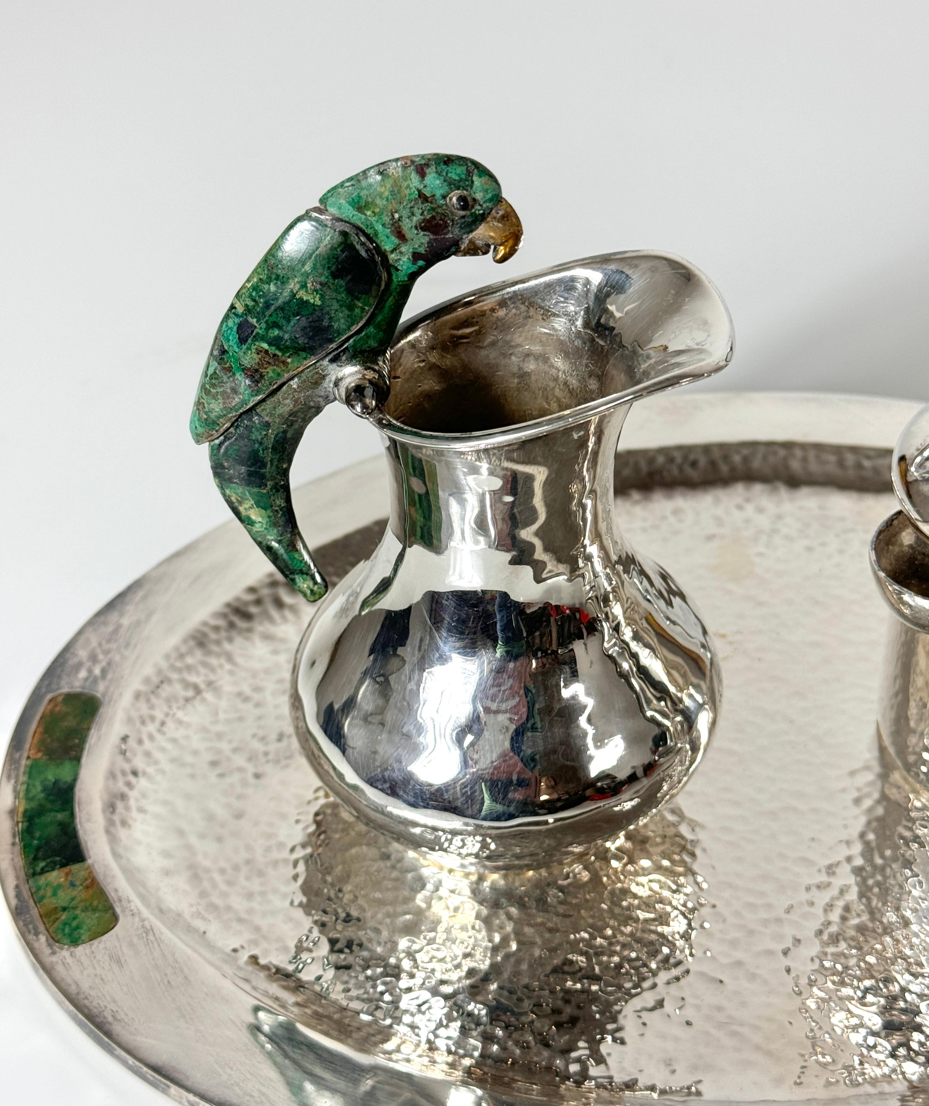 Mexican Los Castillo Mexico Silver Plate Parrot Creamer and Sugar Set with Serving Tray