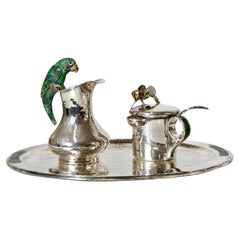 Los Castillo Mexico Silver Plate Parrot Creamer and Sugar Set with Serving Tray