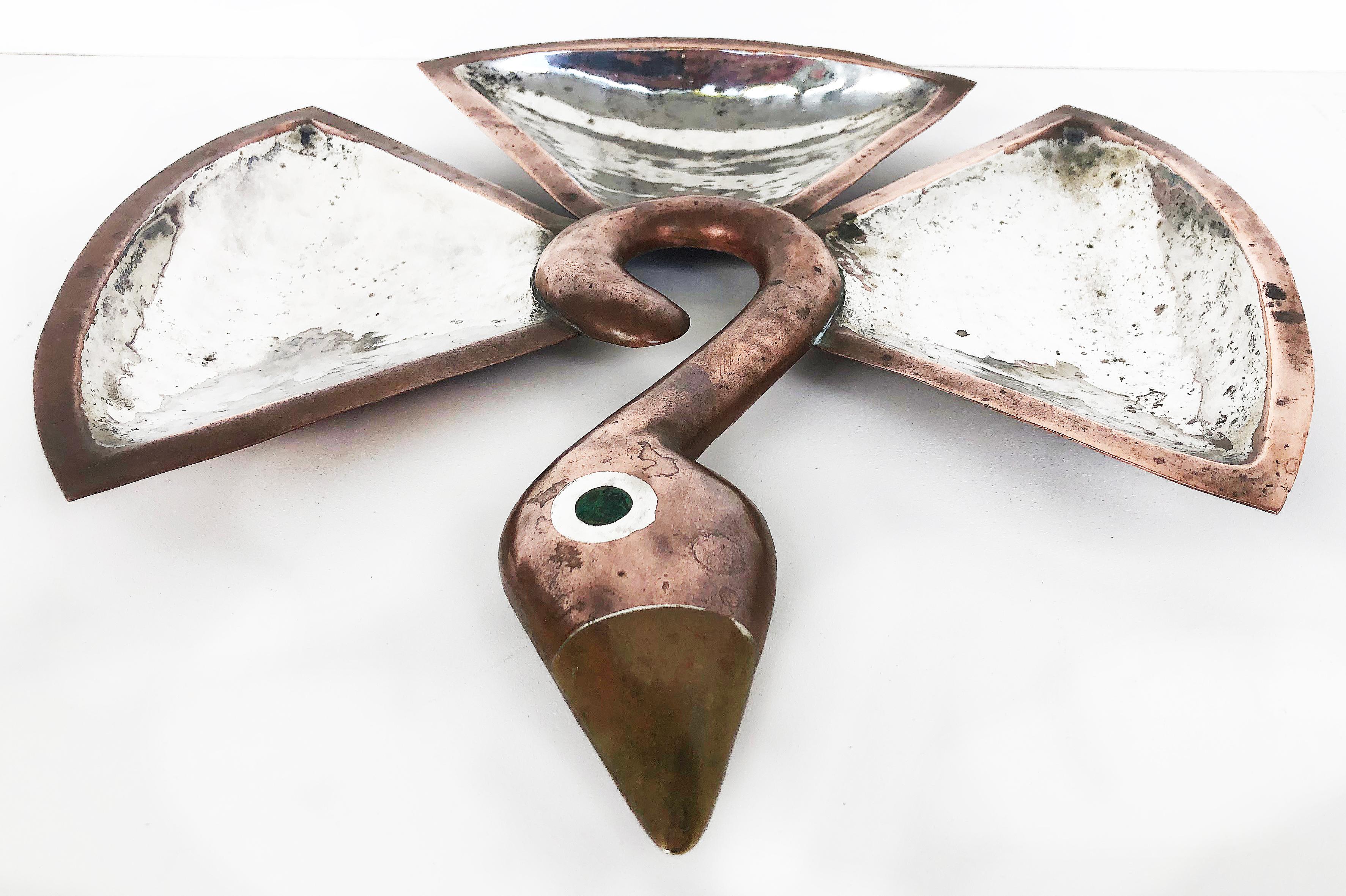 Mid-Century Modern Los Castillo Mid-Century Mixed Metals Bird Serving Plate, Mexico