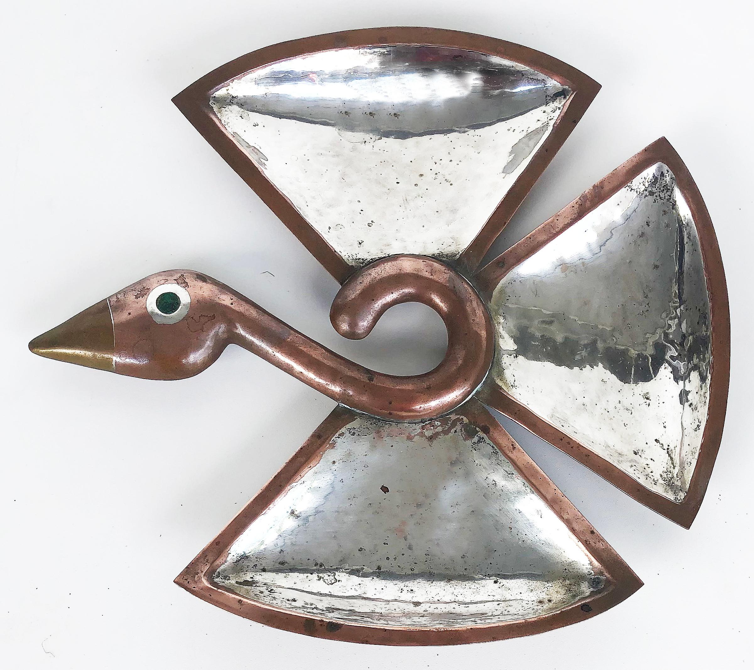 Hammered Los Castillo Mid-Century Mixed Metals Bird Serving Plate, Mexico