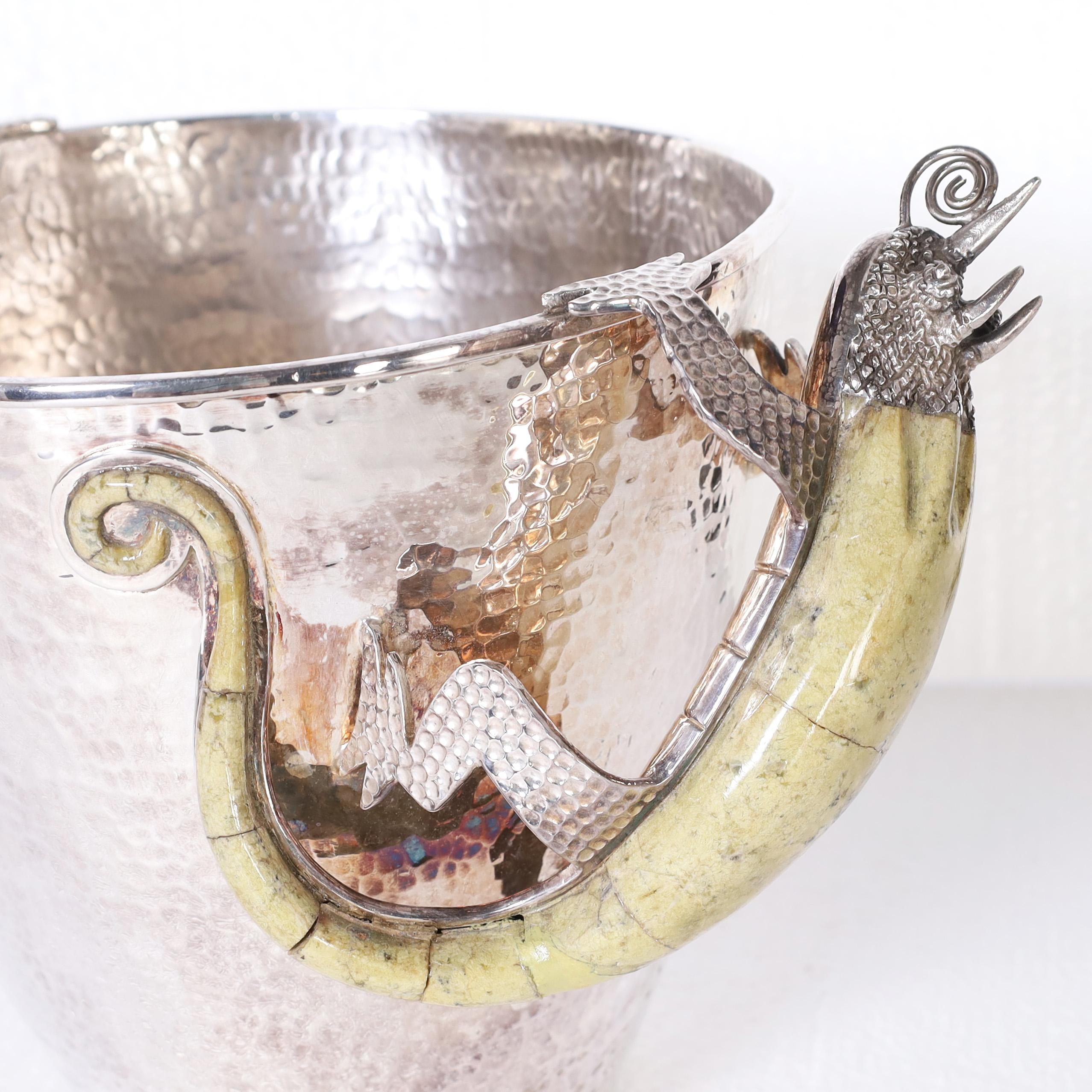 Mexican Los Castillo Mid Century Silver Plate Ice Bucket with Lizard Handles For Sale