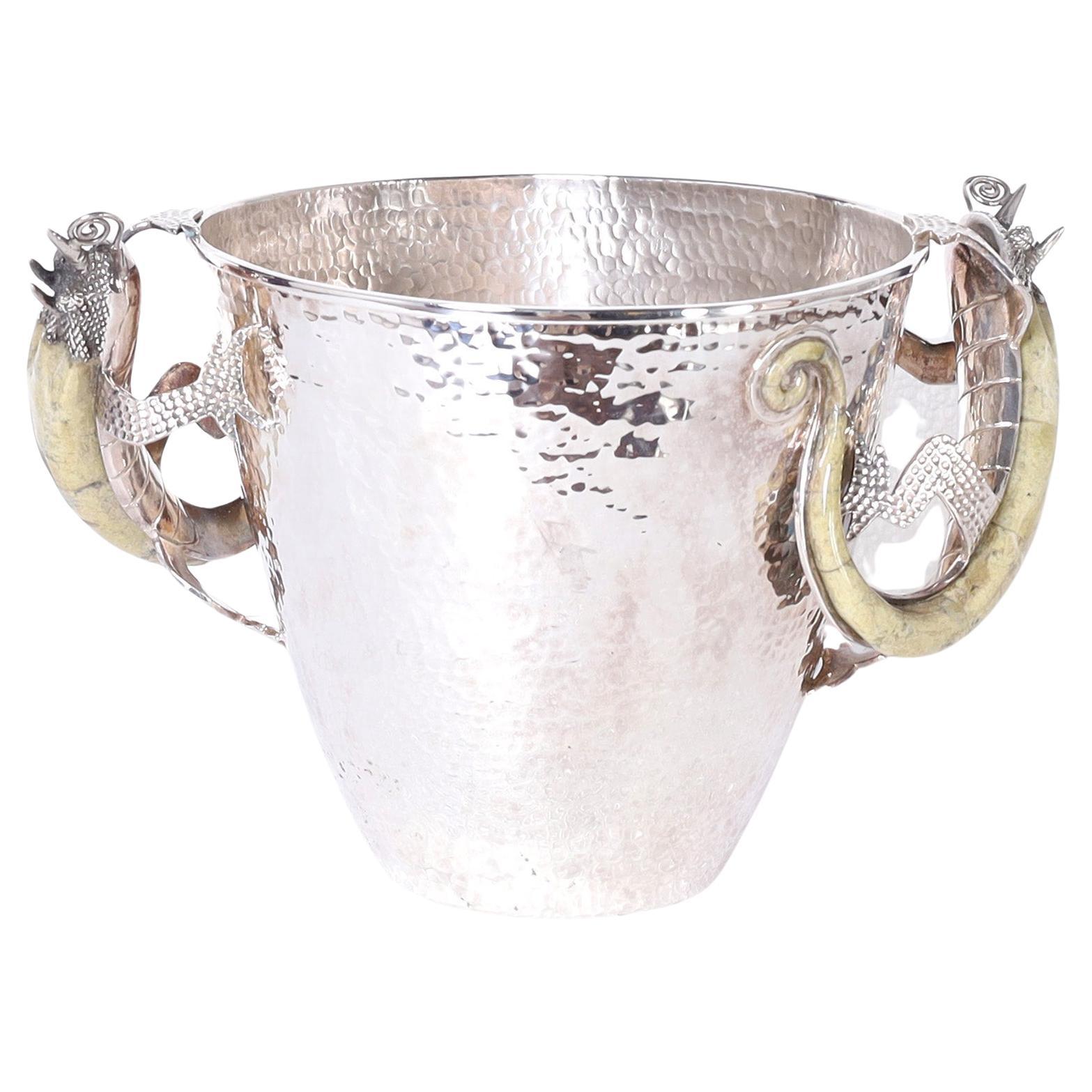 Los Castillo Mid Century Silver Plate Ice Bucket with Lizard Handles For Sale