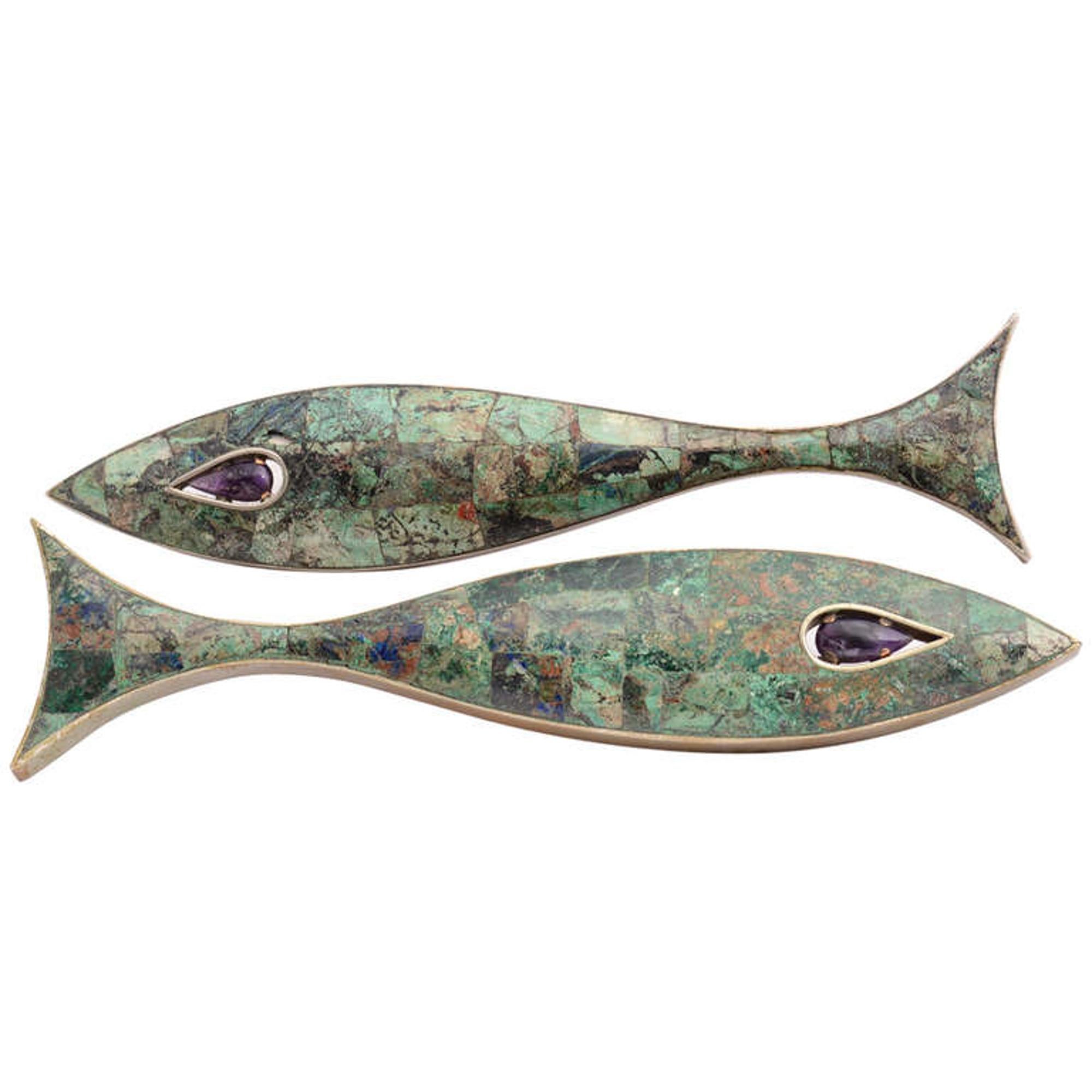 Los Castillo Modernist Large Fish Hardware Pull Handles Amethyst & Azurite 1940s 3